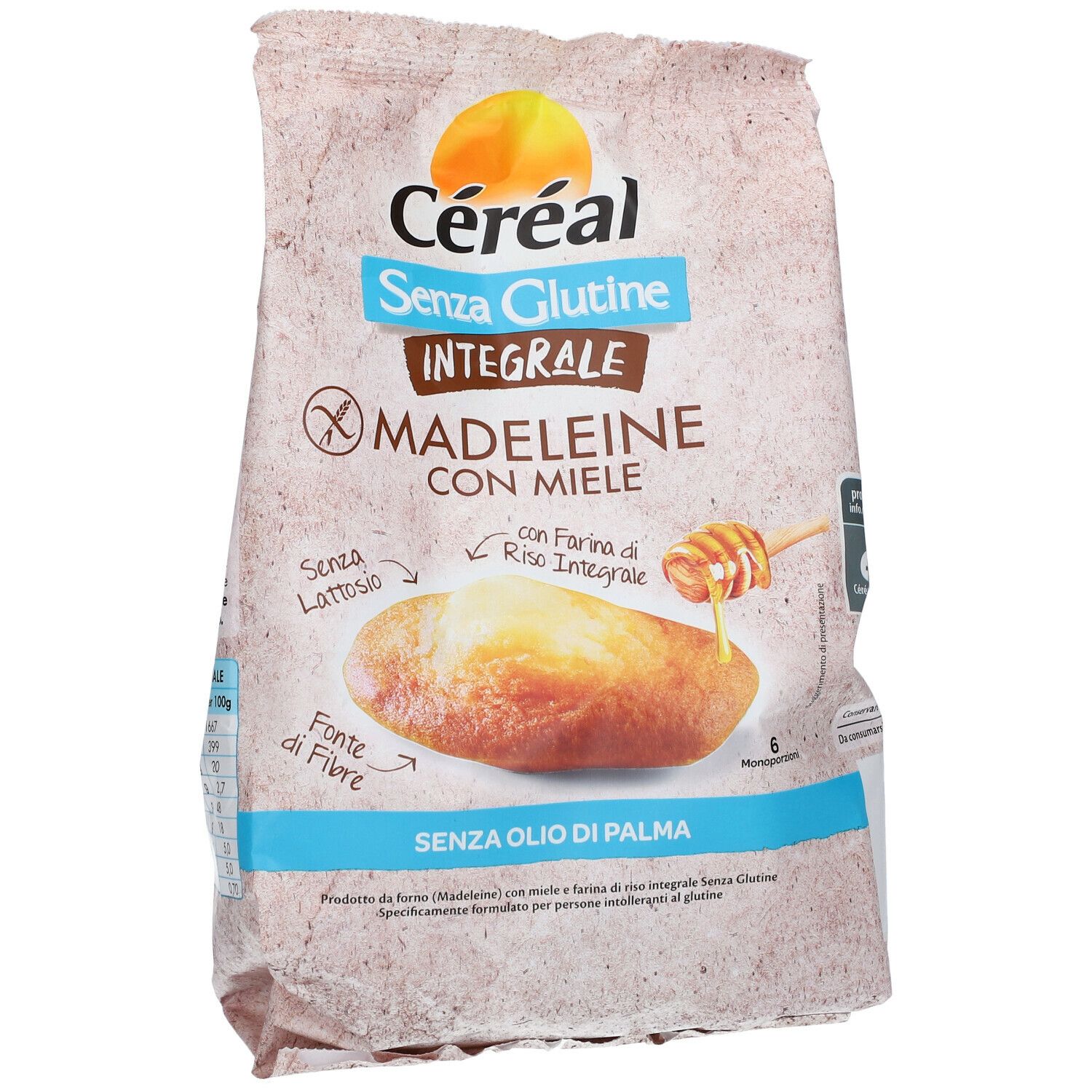 Confezione di Madeleine Céréal Senza Glutine Integrale con miele. Scritte: Senza Glutine, Integrale, Senza Olio di Palma. 6 porzioni.