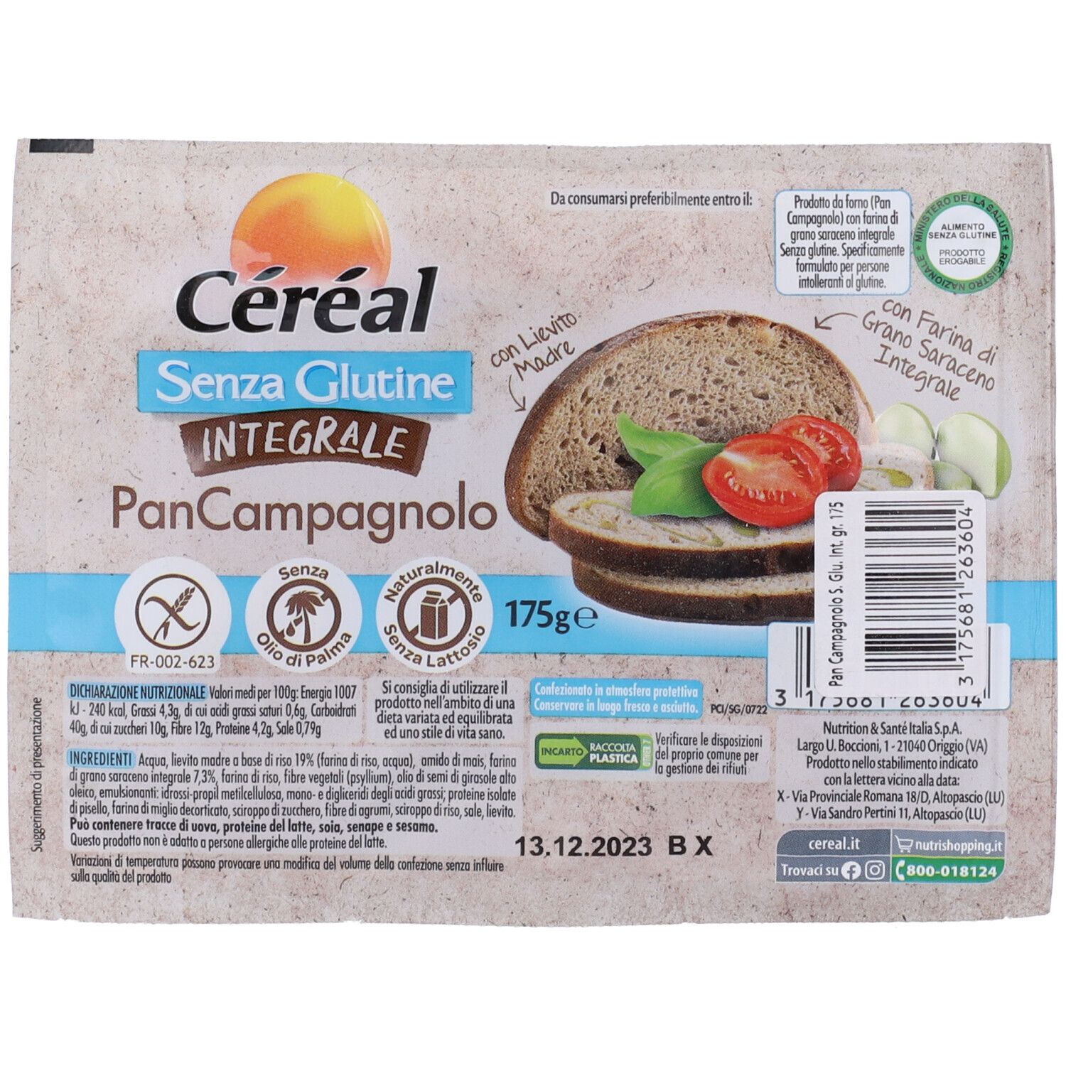 Confezione di pane Cereal Senza Glutine Integrale Pan Campagnolo. Ingredienti, logo e data di scadenza visibili.
