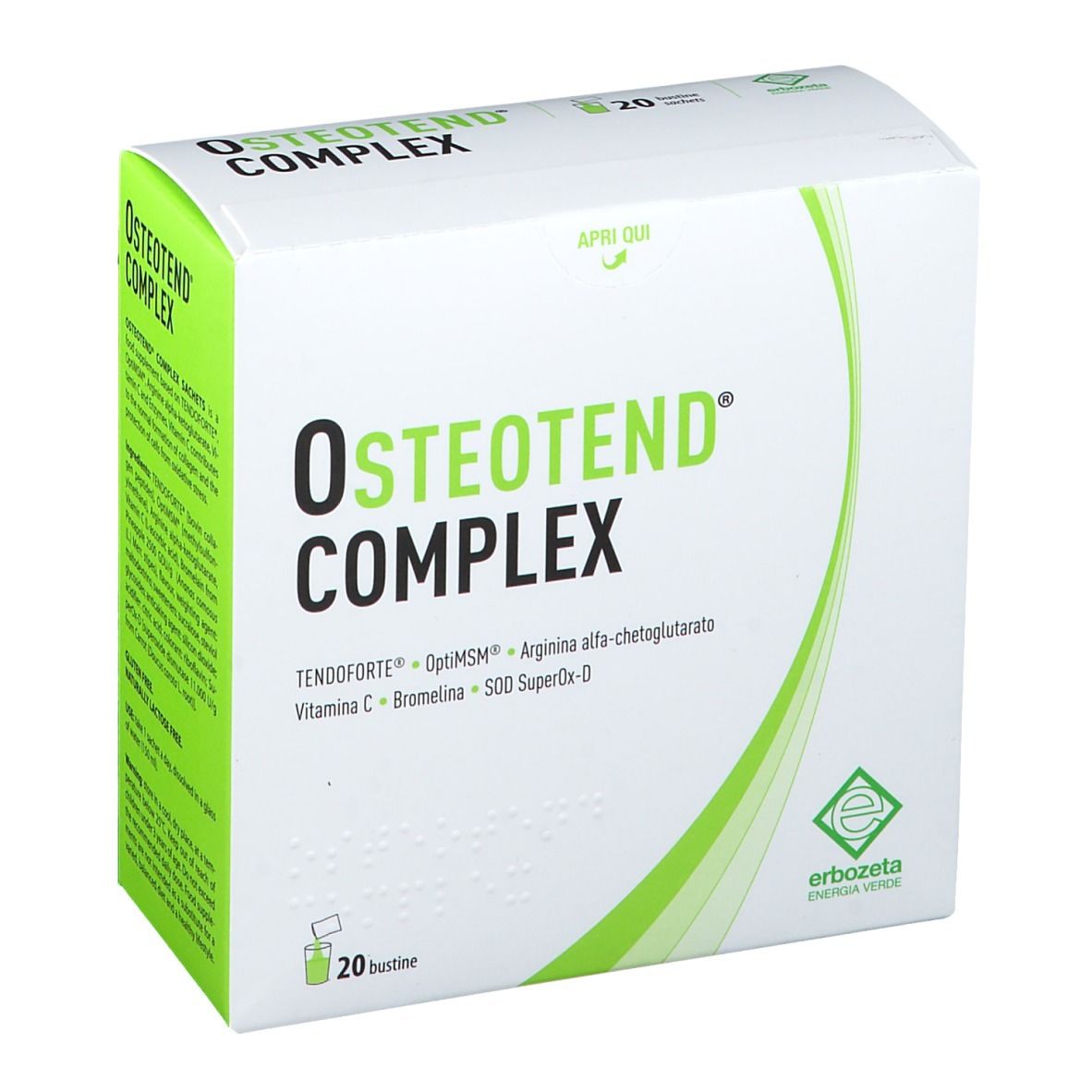 OSTEOTEND® COMPLEX. Scatola bianca con design verde. 20 bustine. Nome del prodotto e ingredienti. Logo Erbozeta.