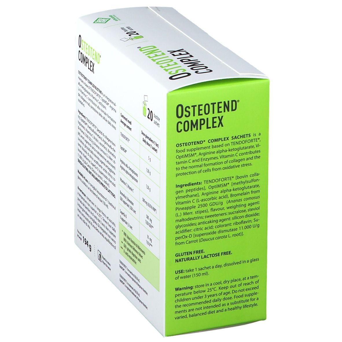 OSTEOTEND® COMPLEX. Scatola con ingredienti e istruzioni per l'uso. 20 bustine. Logo Erbozeta. Confezione bianca e verde.
