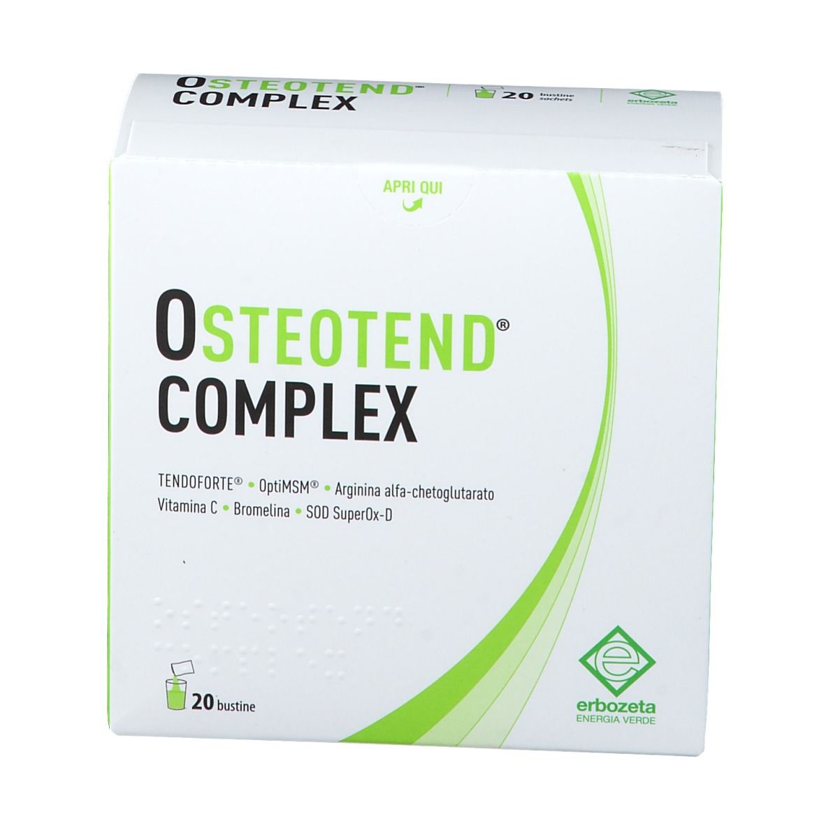 OSTEOTEND® COMPLEX. Scatola bianca con design verde. 20 bustine. Nome del prodotto e ingredienti. Logo Erbozeta.