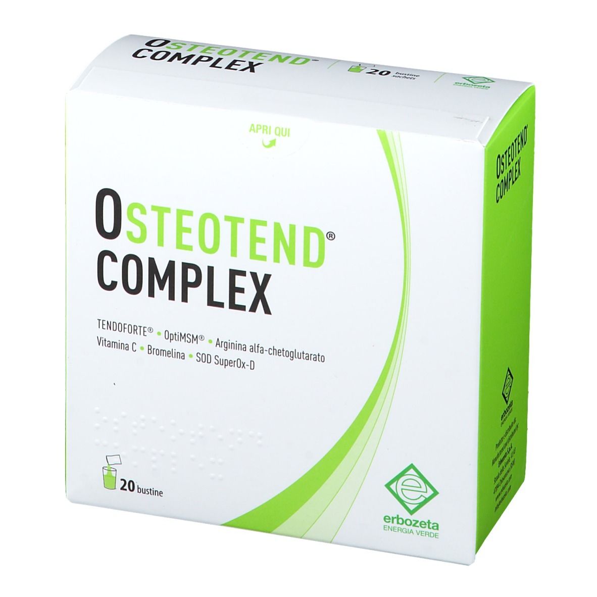 OSTEOTEND® COMPLEX. Scatola bianca con design verde. 20 bustine. Nome del prodotto e ingredienti. Logo Erbozeta.