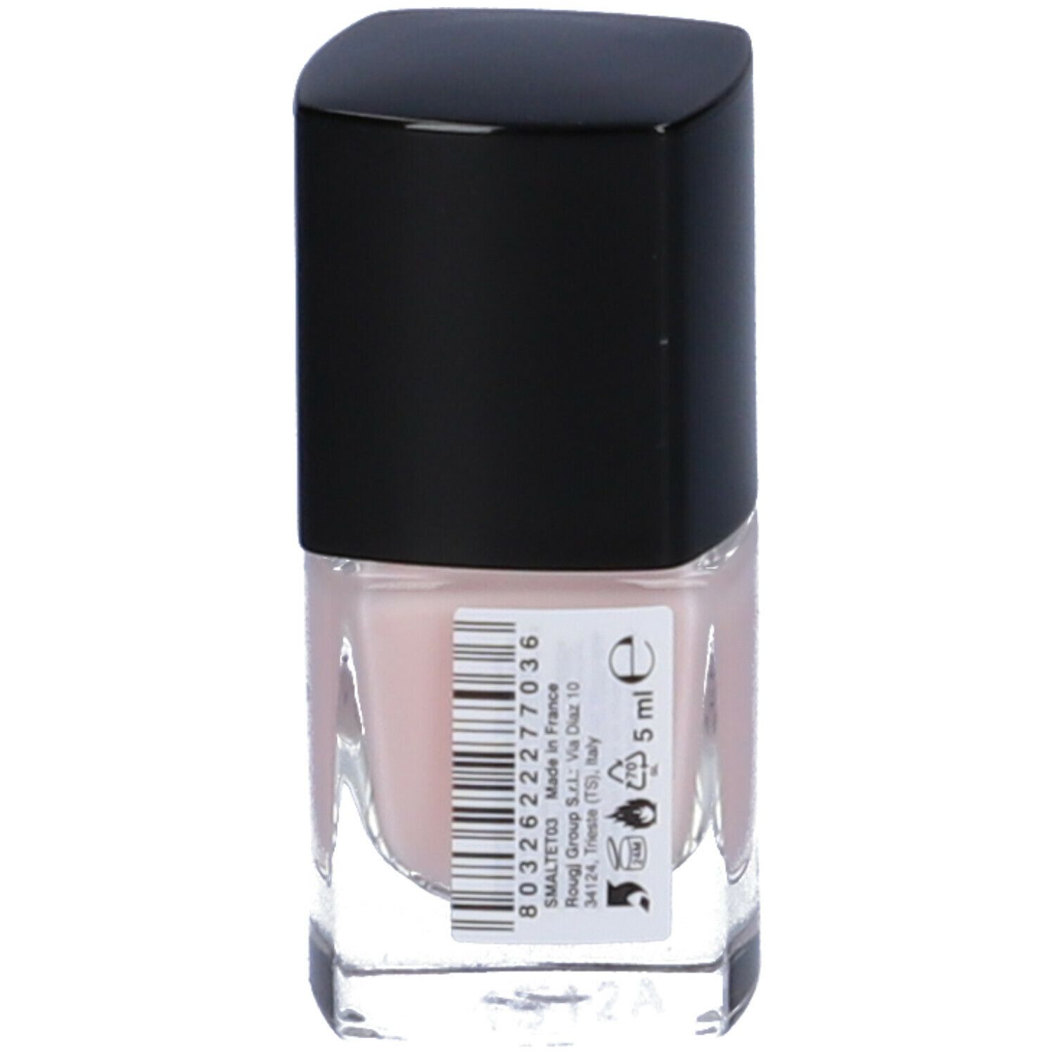 Flacone di smalto con tappo nero. Etichetta sul retro con testo e 5 ml.
