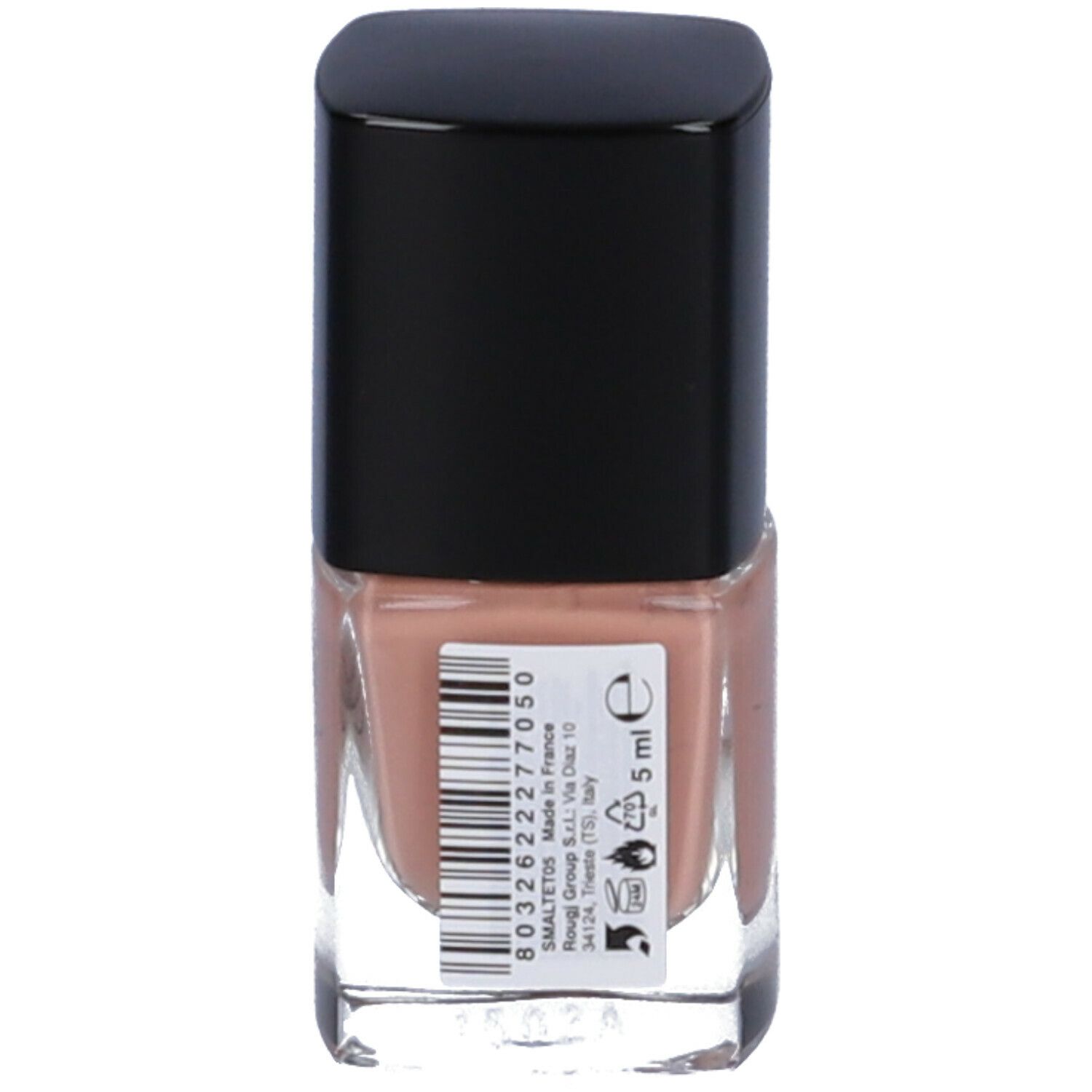 Retro del flacone di smalto. Codice a barre, testo: 5 ml, Made in France, SMALETOS, 34120 Group STEC, Dist. Italy.