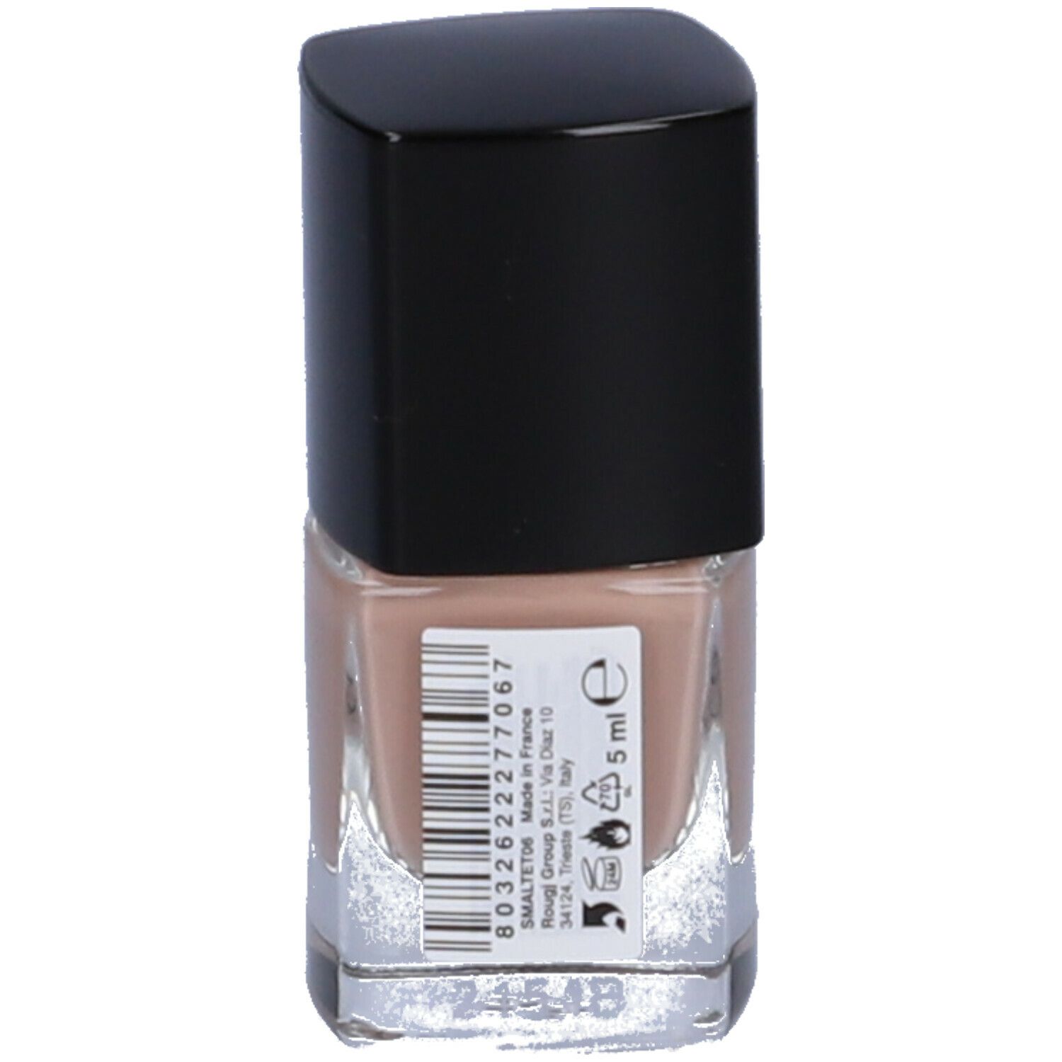 Flacone di smalto con tappo nero. Etichetta sul retro con codice a barre e testo. 5 ml.