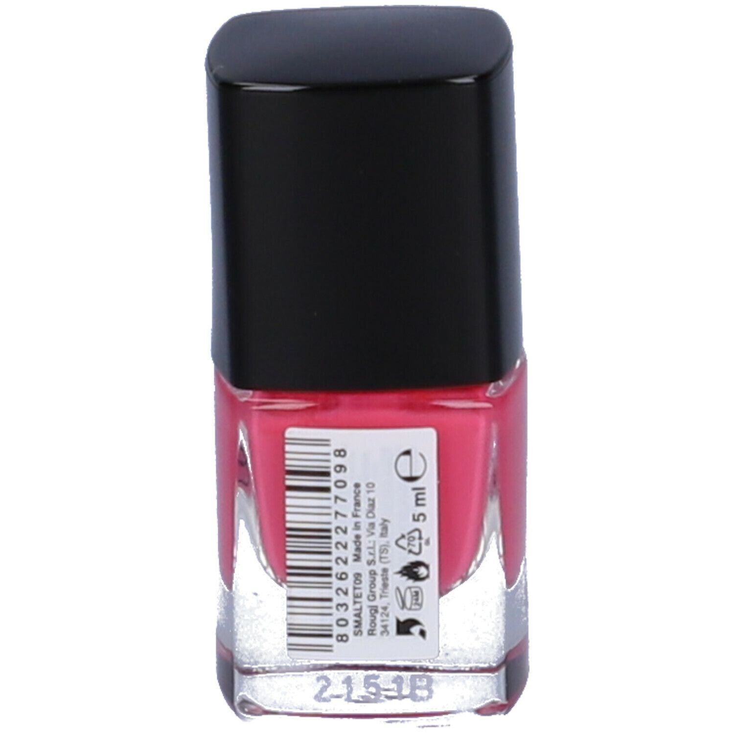 Flacone di smalto con tappo nero. Smalto rosa. Scritta e codice a barre. Volume: 5 ml.
