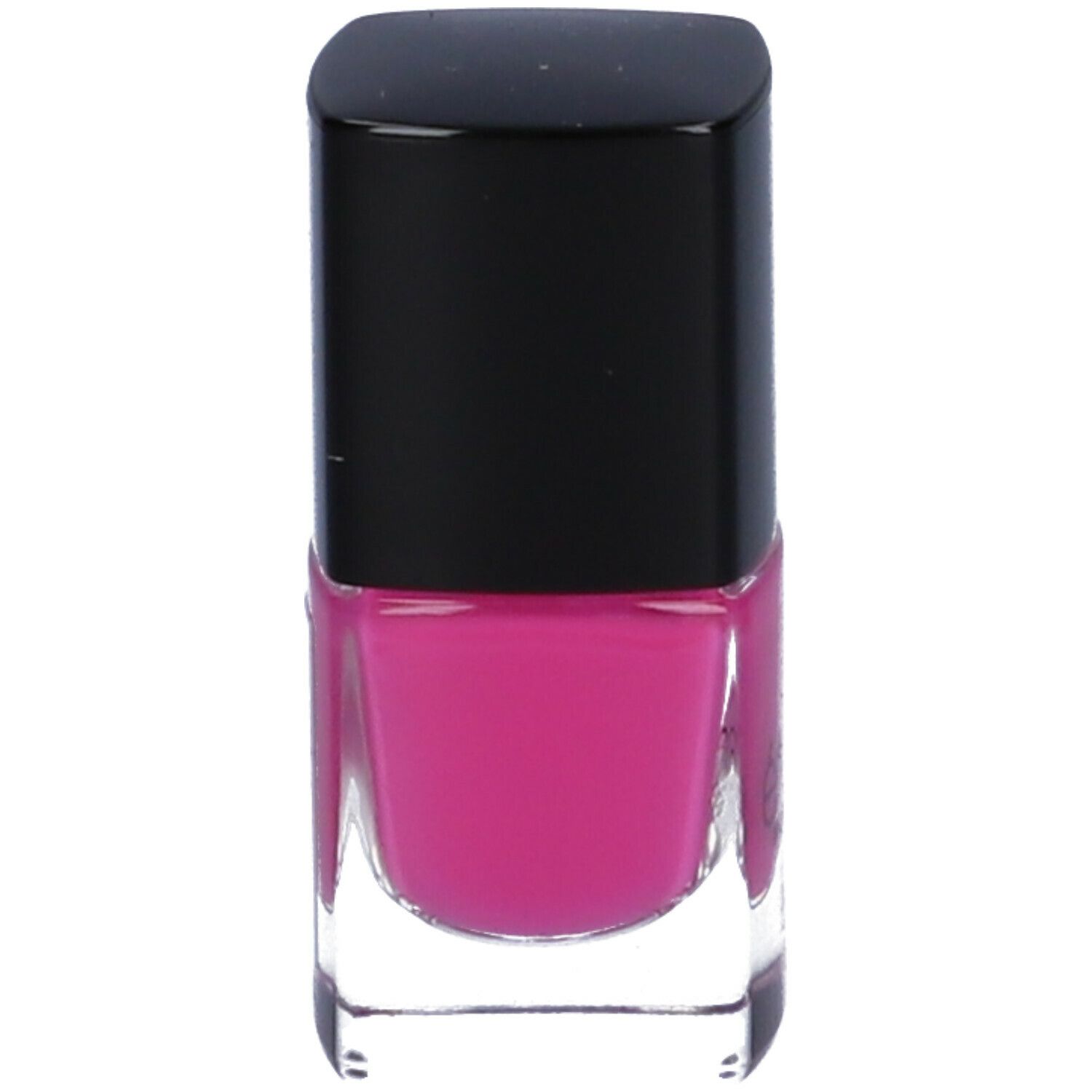 Flacone di smalto rosa con tappo nero.