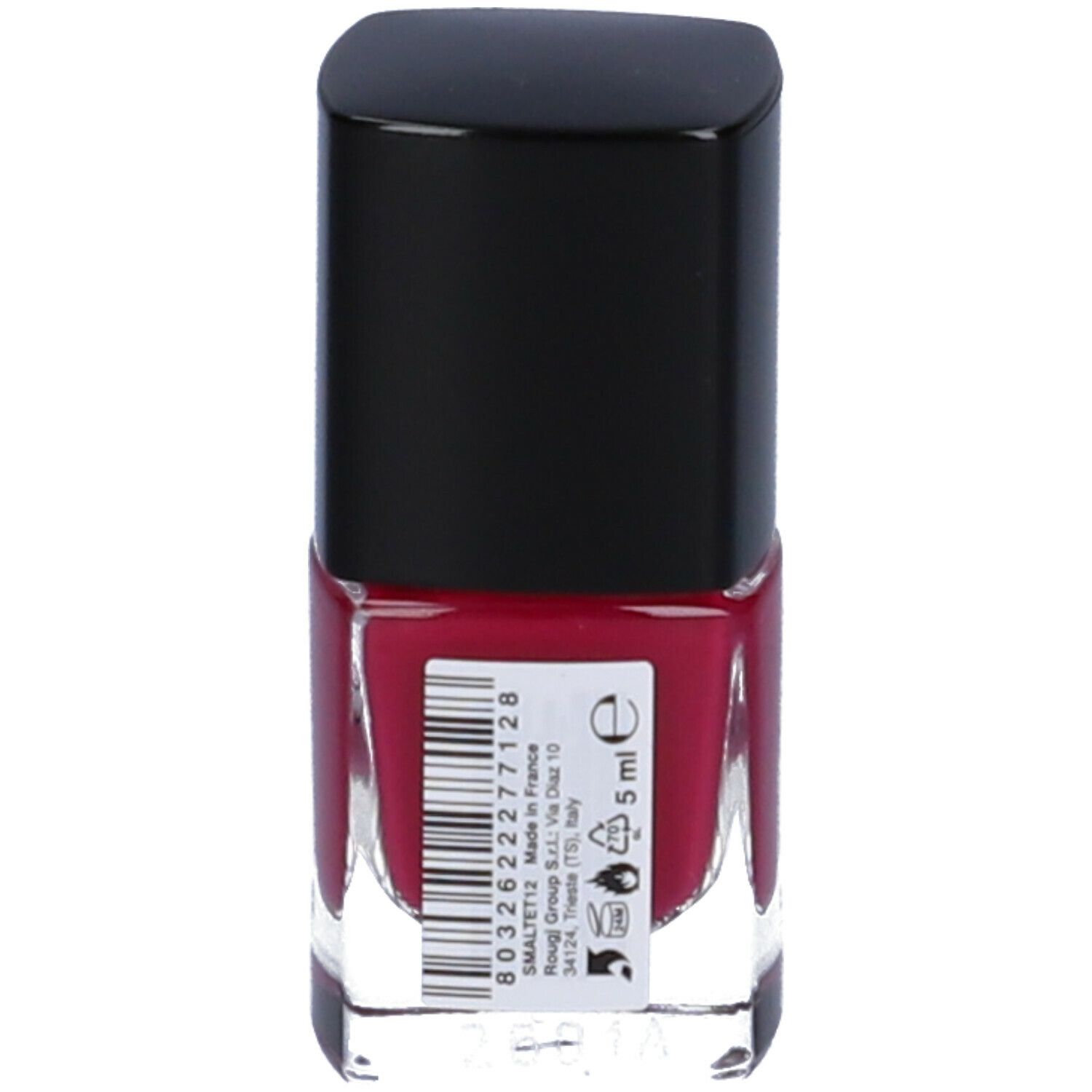 Flacone di smalto rosso, tappo nero. Etichetta con codice a barre, testo e 5 ml.