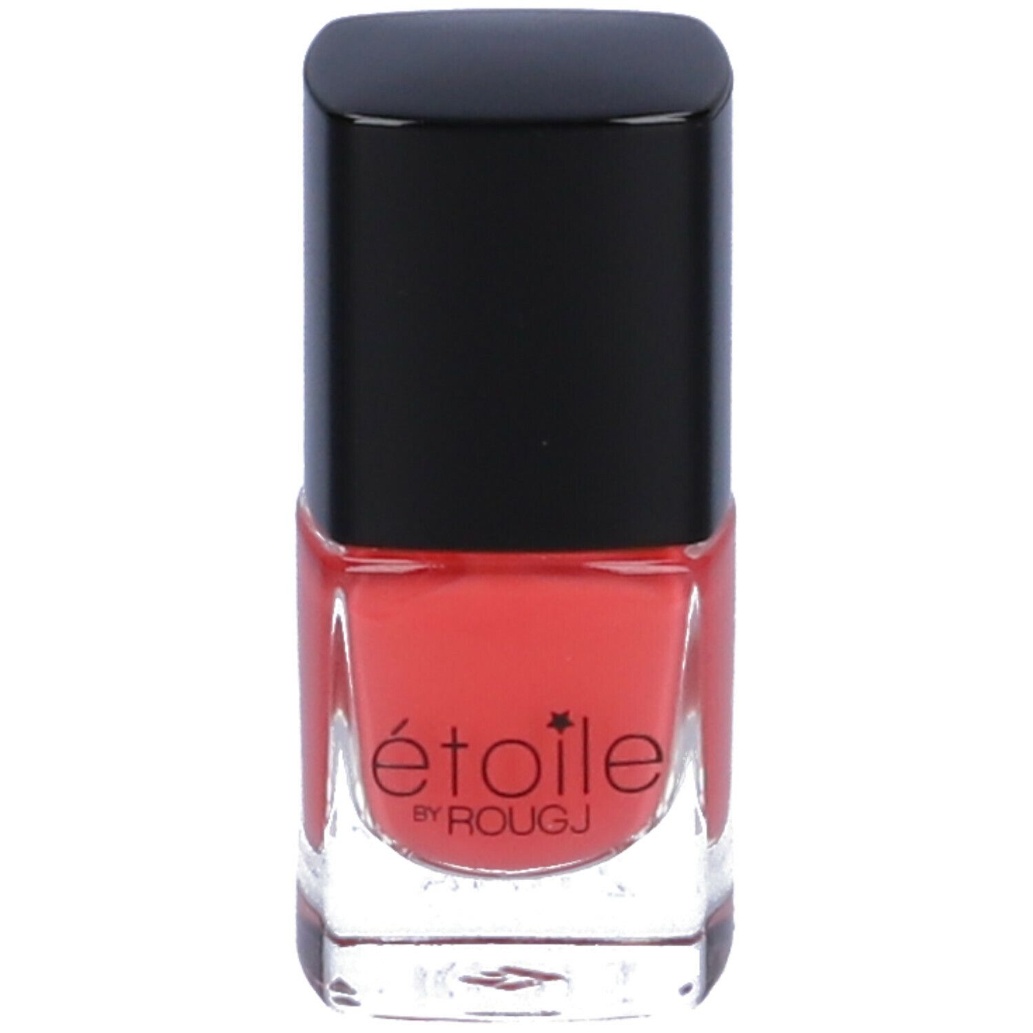Flacone di smalto rosso con tappo nero. Scritta: étoile by ROUGJ.