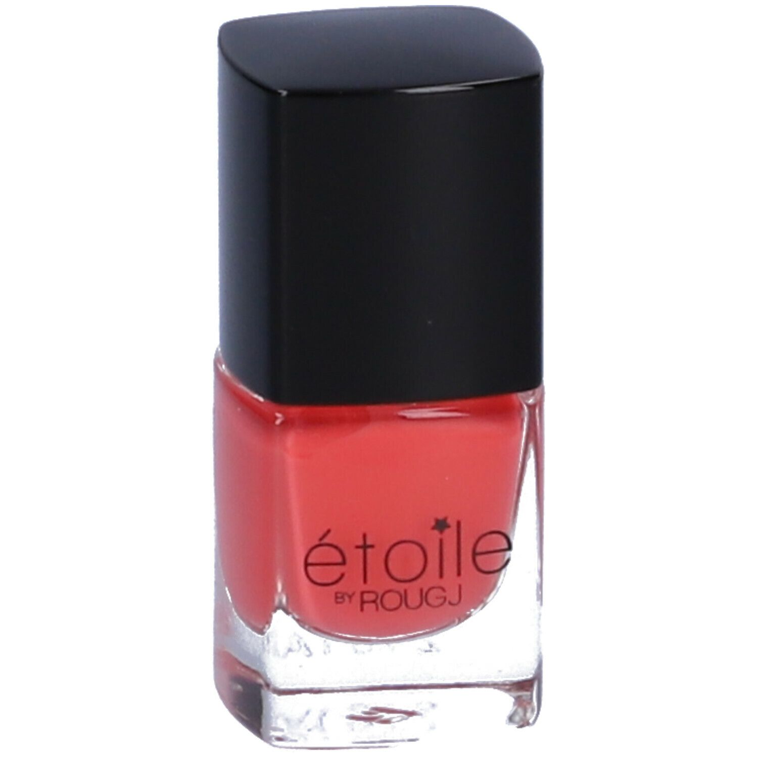 Flacone di smalto rosso con tappo nero. Scritta: étoile by ROUGJ.