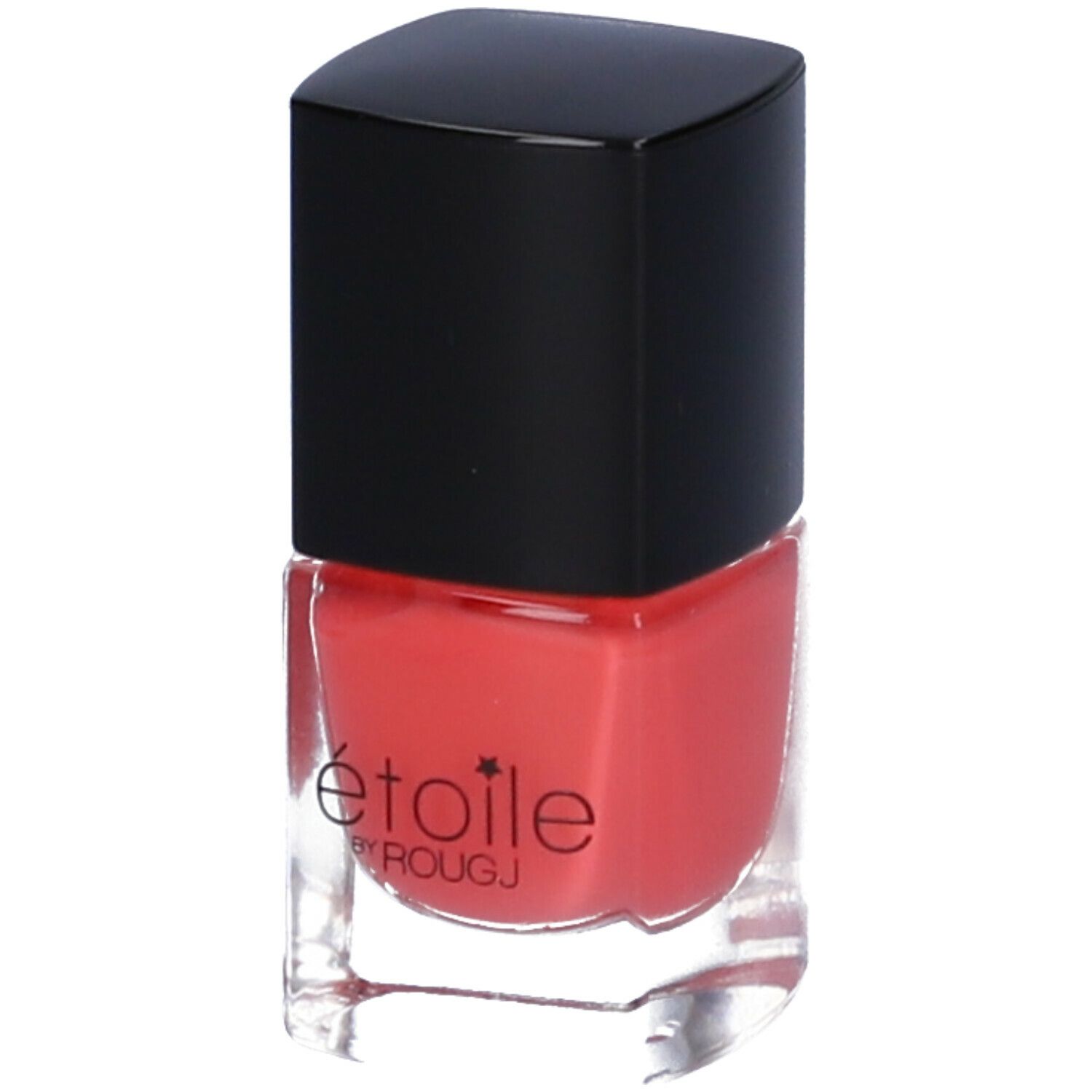 Flacone di smalto rosso con tappo nero. Scritta: étoile by ROUGJ.