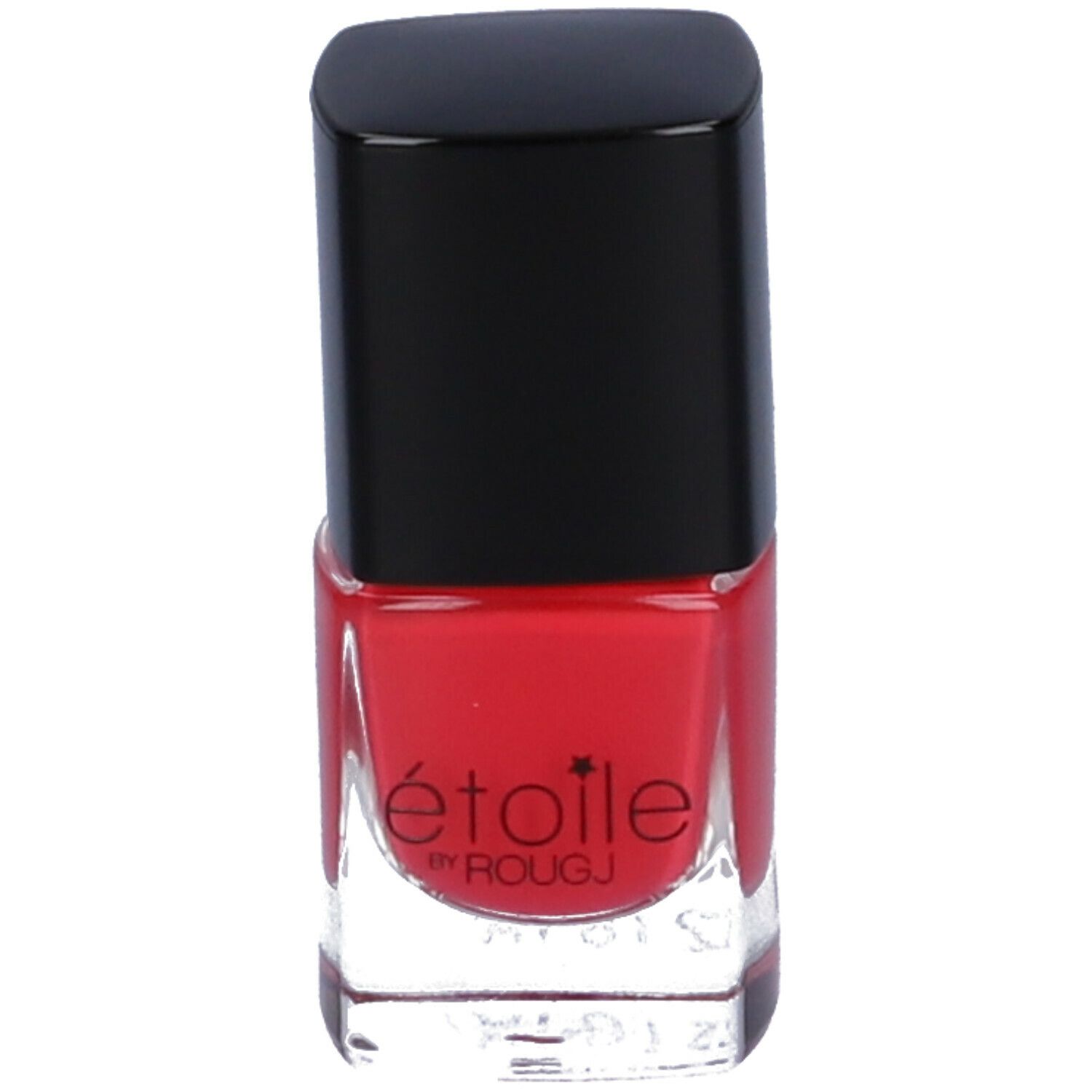 Flacone di smalto rosso con tappo nero. Scritta: étoile by ROUGJ.