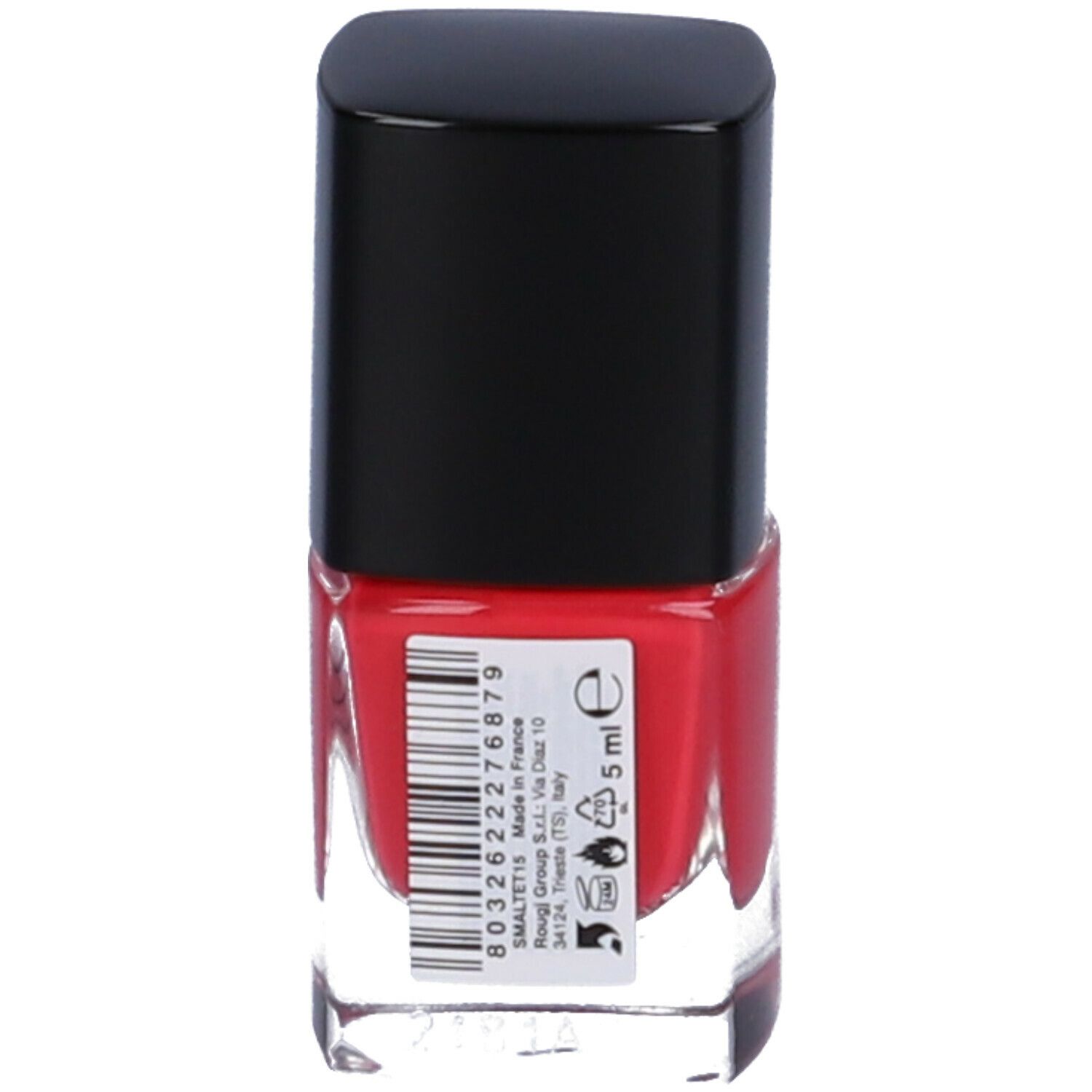 Flacone di smalto rosso con tappo nero. Etichetta con informazioni e 5 ml.