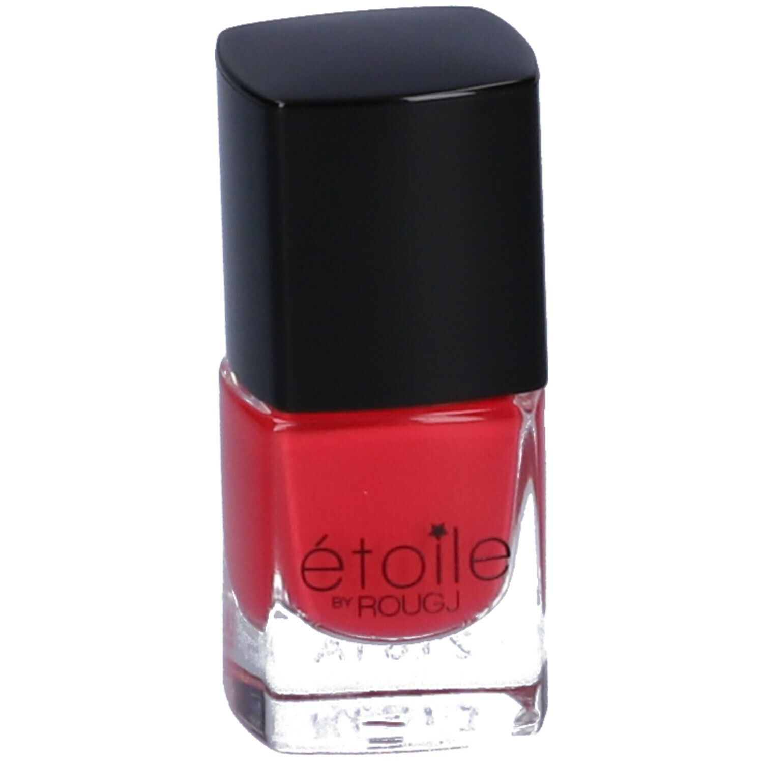 Flacone di smalto rosso con tappo nero. Scritta: étoile by ROUGJ.