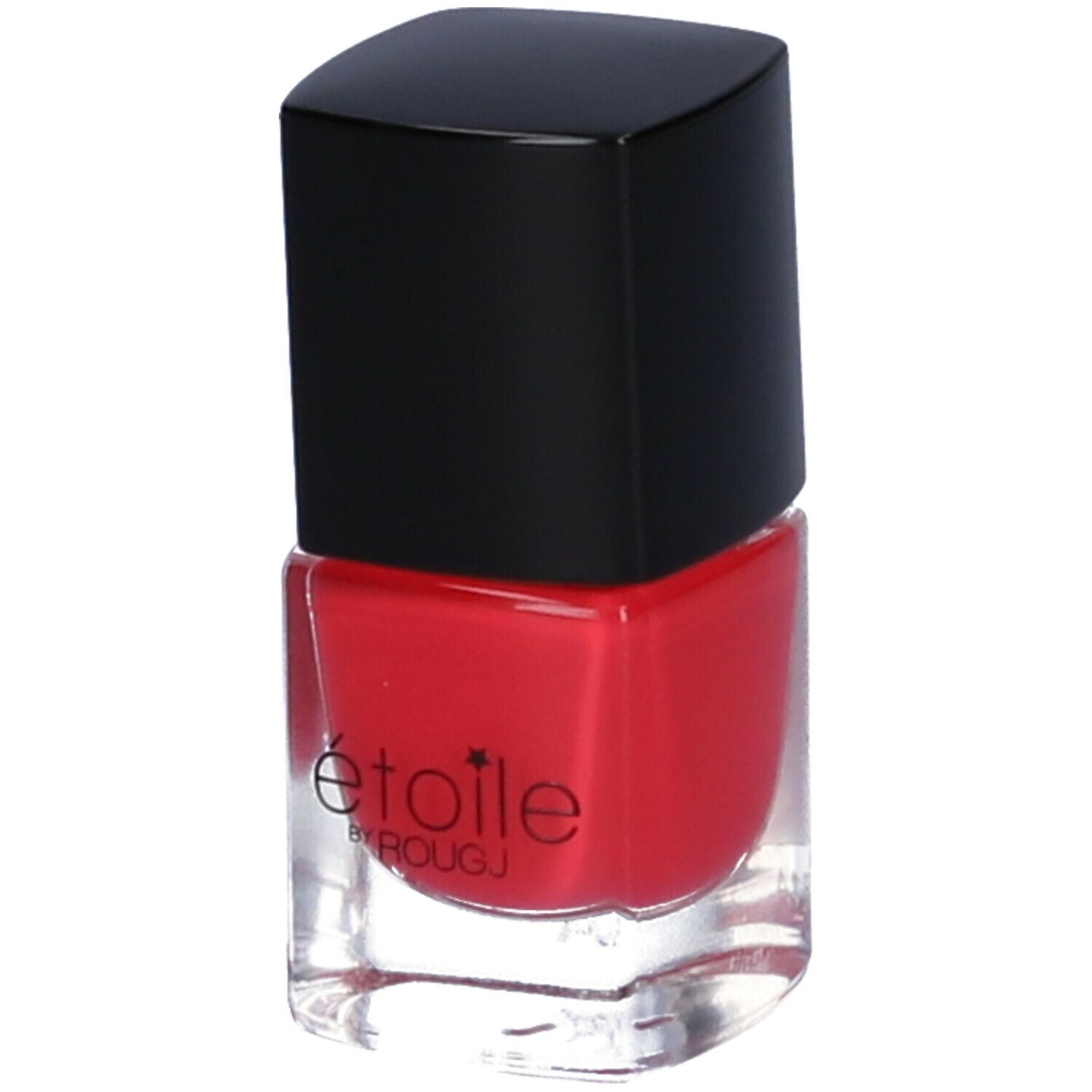 Flacone di smalto rosso con tappo nero. Scritta: étoile by ROUGJ.