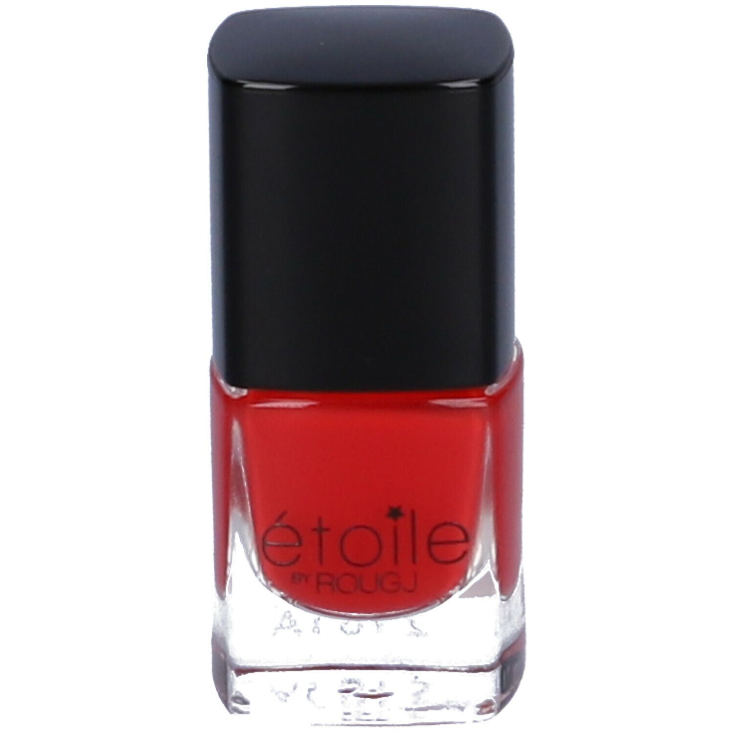 Smalto rosso in boccetta di vetro con tappo nero. Scritta: étoile by ROUGJ.