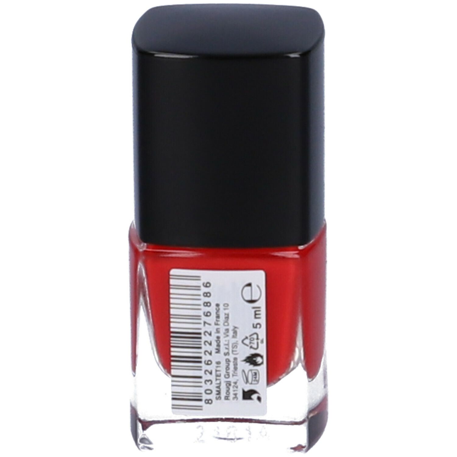 Smalto rosso in boccetta di vetro con tappo nero. Retro con codice a barre e informazioni.