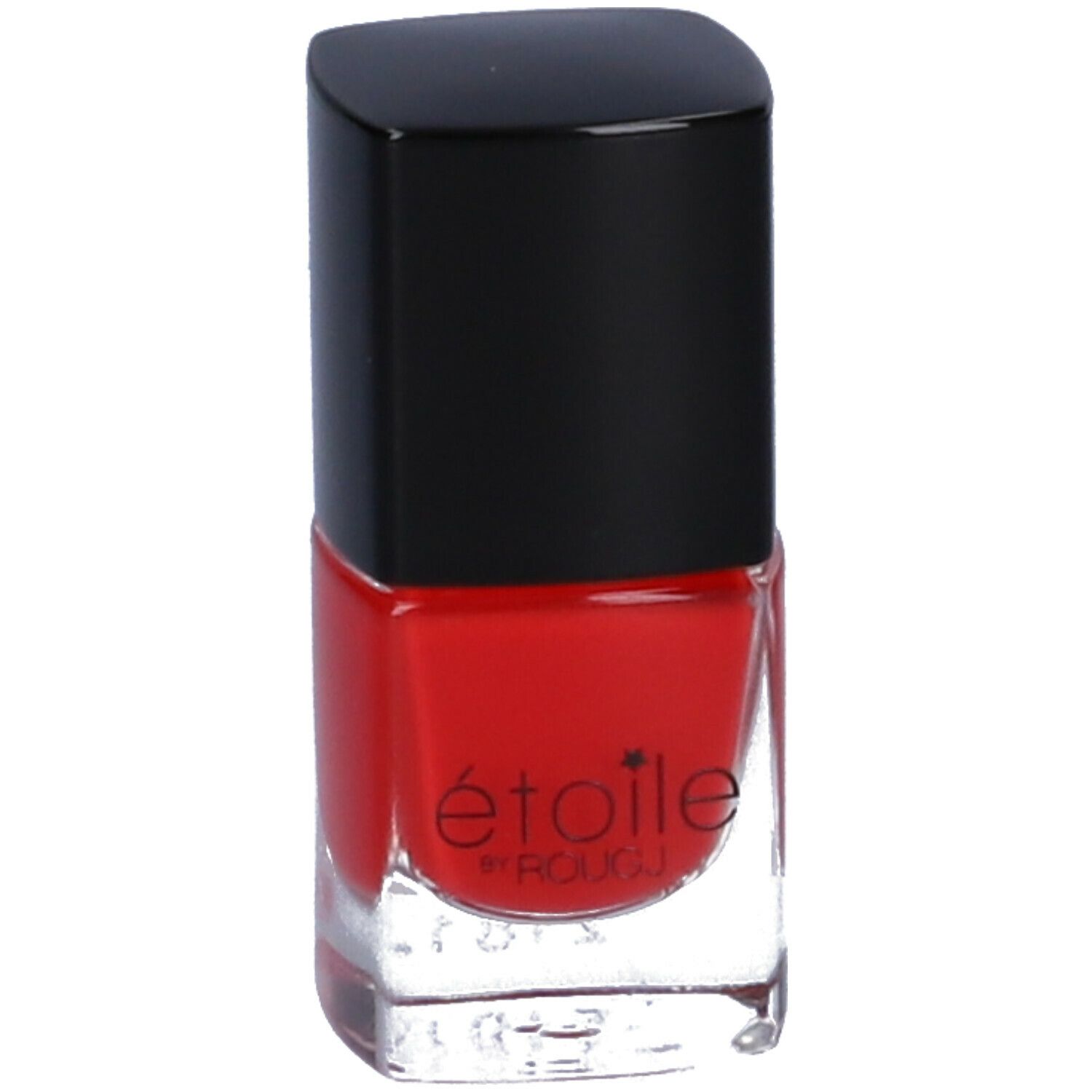 Smalto rosso in boccetta di vetro con tappo nero. Scritta: étoile by ROUGJ.