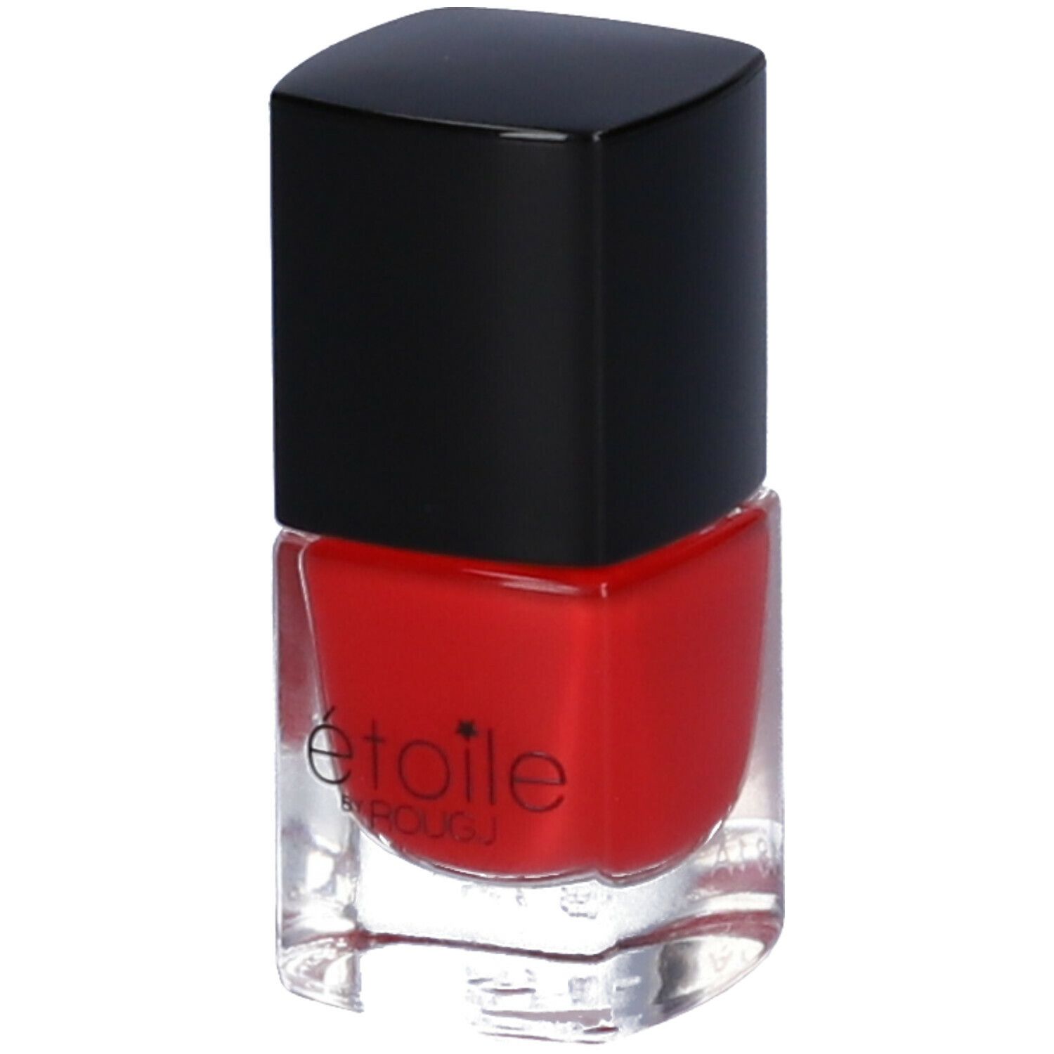 Smalto rosso in boccetta di vetro con tappo nero. Scritta: étoile by ROUGJ.