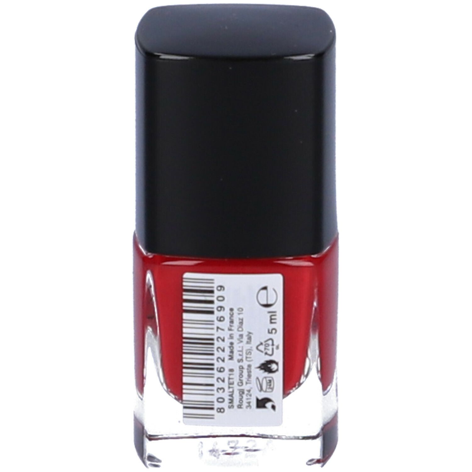 Smalto per unghie rosso in bottiglia di vetro con tappo nero. Retro con etichetta e testo.