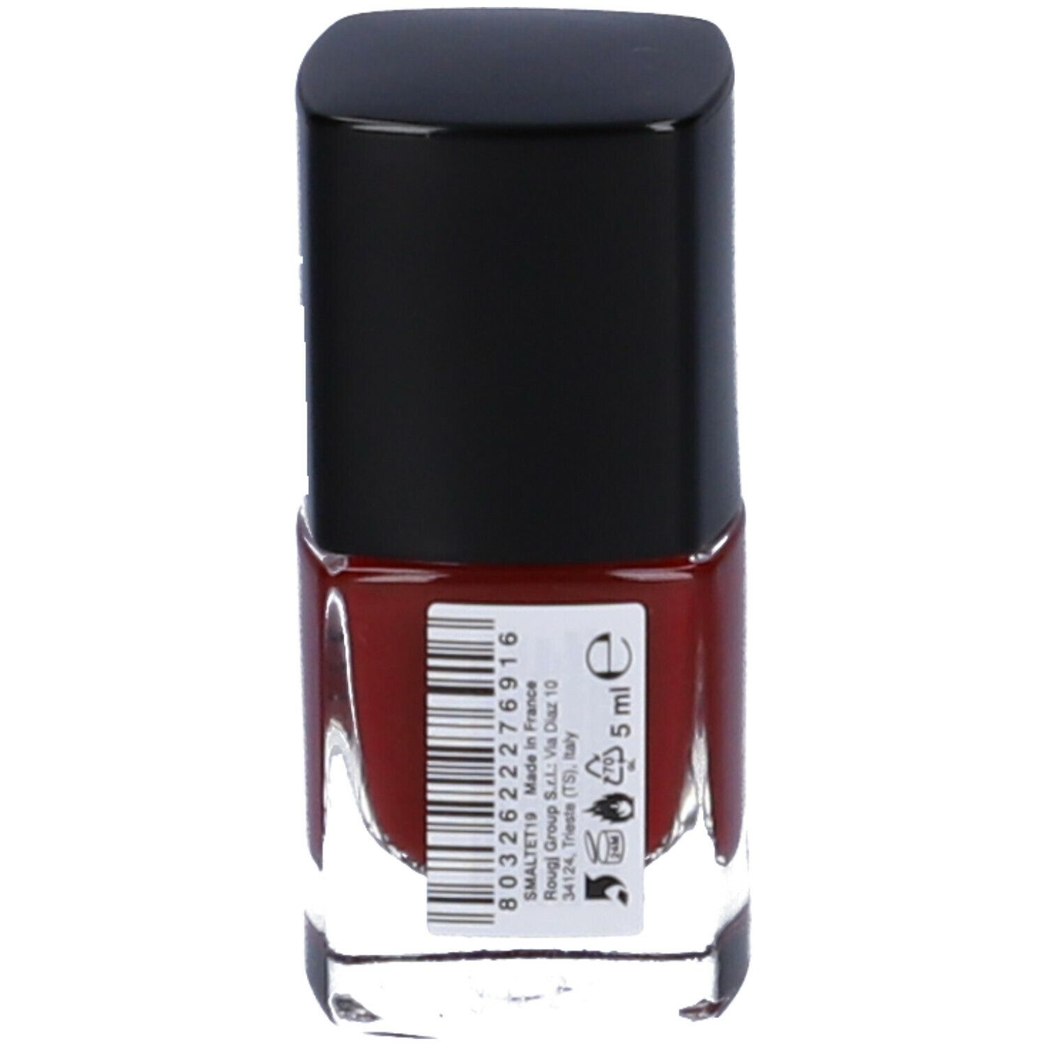 Flacone di smalto, retro. Etichetta con informazioni: 5 ml, codice a barre, produttore.