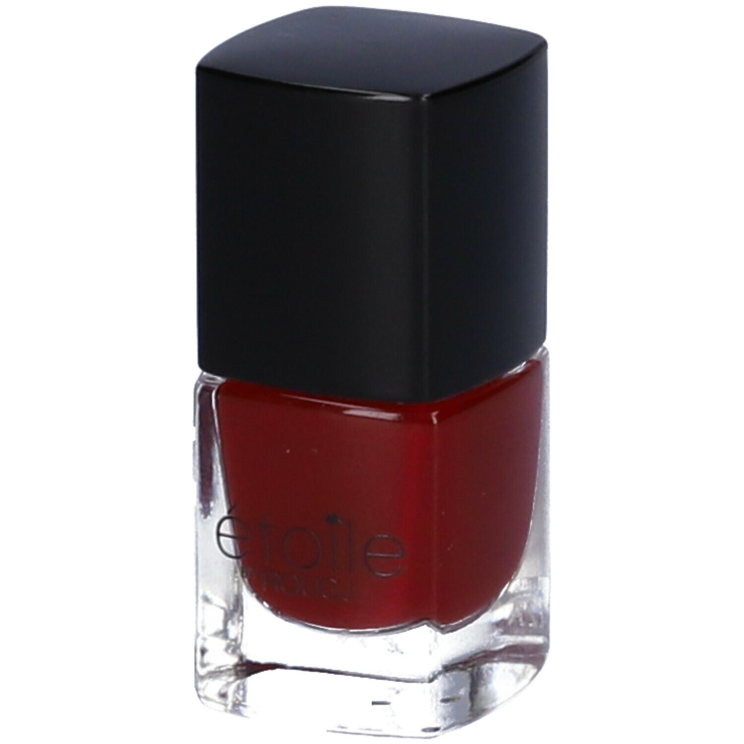 Flacone di smalto rosso con tappo nero. Scritta 'etoile'.