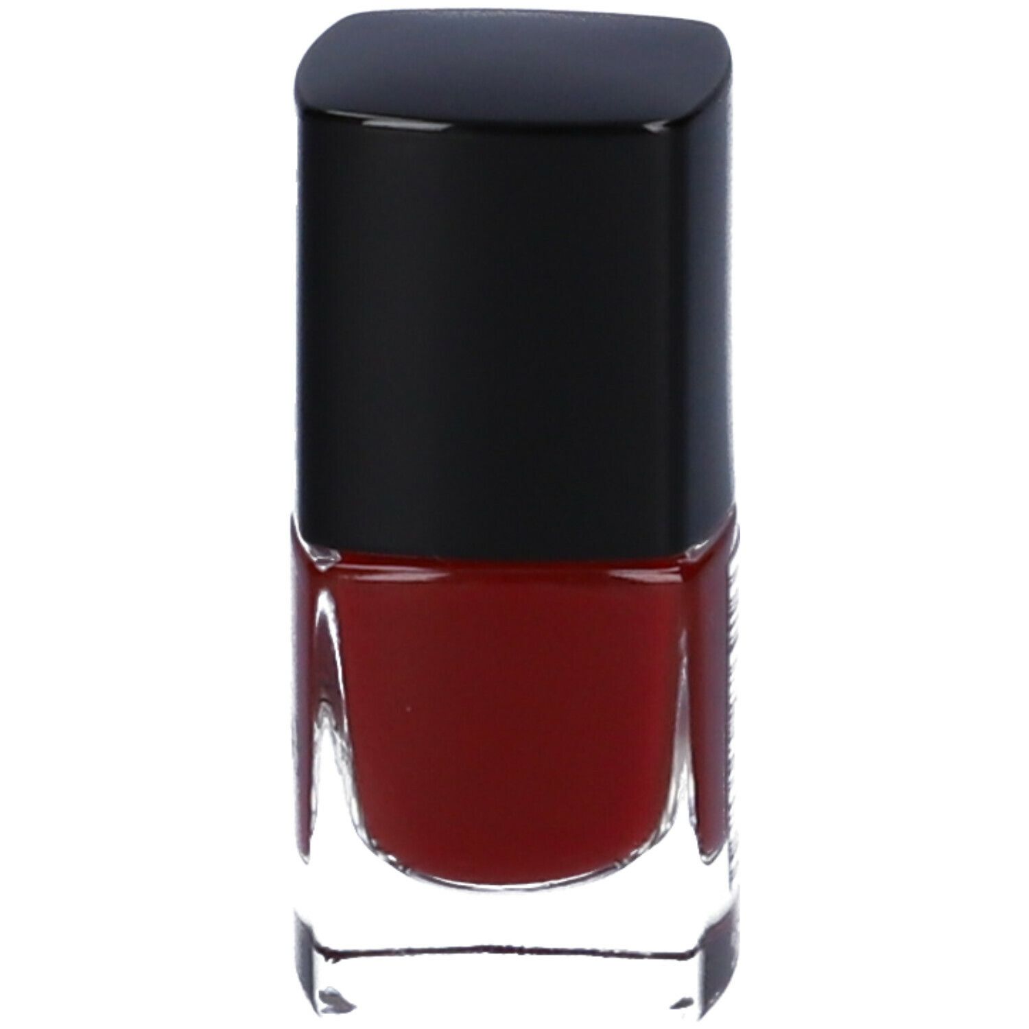 Flacone di smalto rosso con tappo nero.