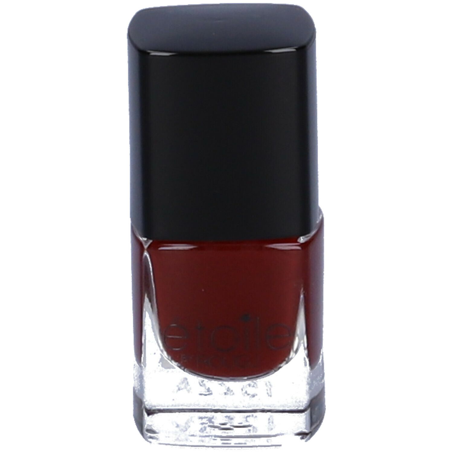 Flacone di smalto rosso scuro con tappo nero. Forma quadrata. Flacone in vetro trasparente.