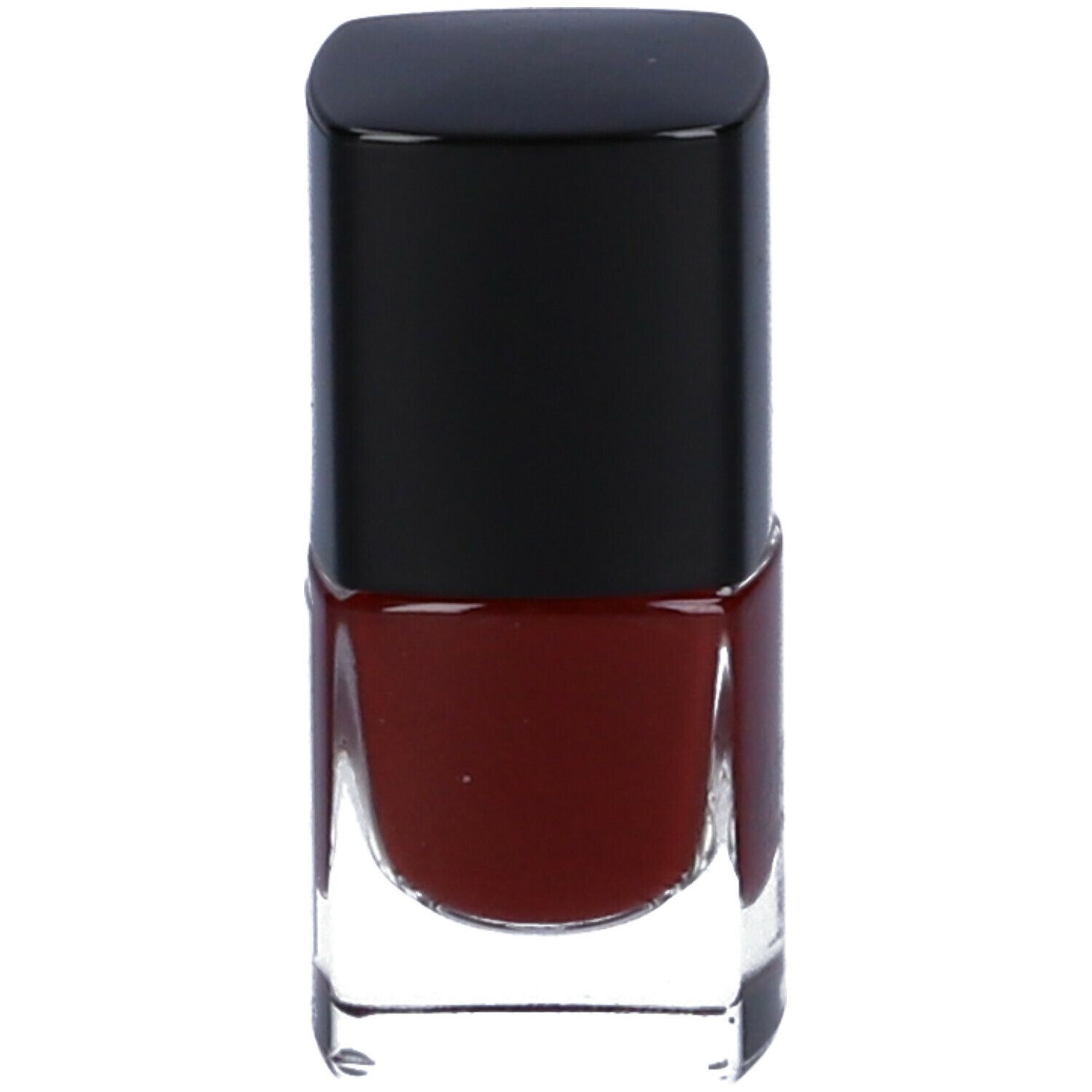 Flacone di smalto rosso scuro con tappo nero. Forma quadrata. Flacone in vetro trasparente.