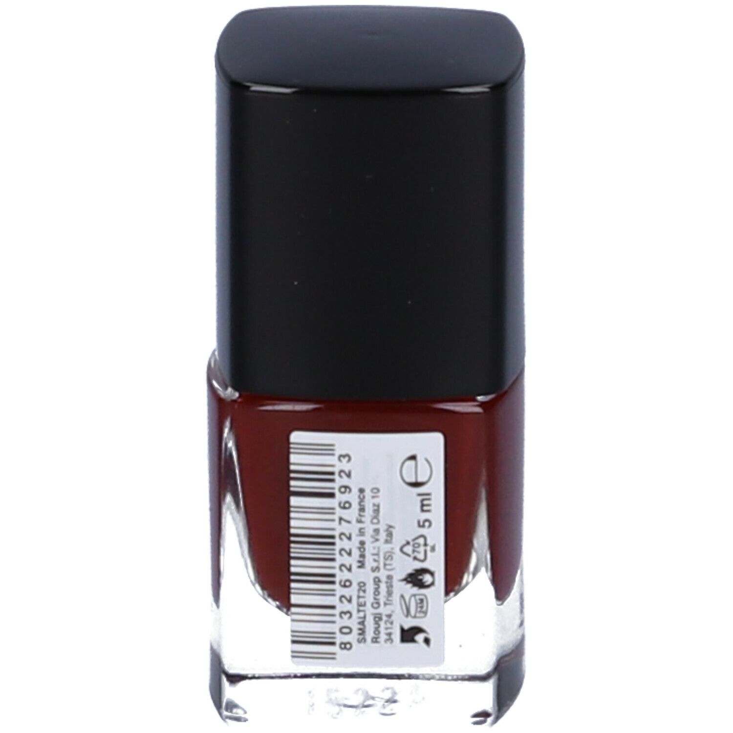 Flacone smalto, rosso scuro, tappo nero. Retro con etichetta: 5 ml, codice a barre, informazioni produttore.
