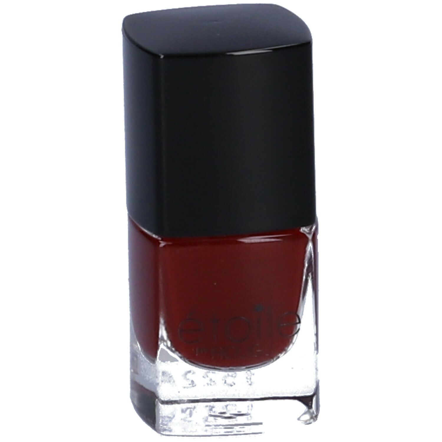 Flacone di smalto rosso scuro con tappo nero. Forma quadrata. Flacone in vetro trasparente.