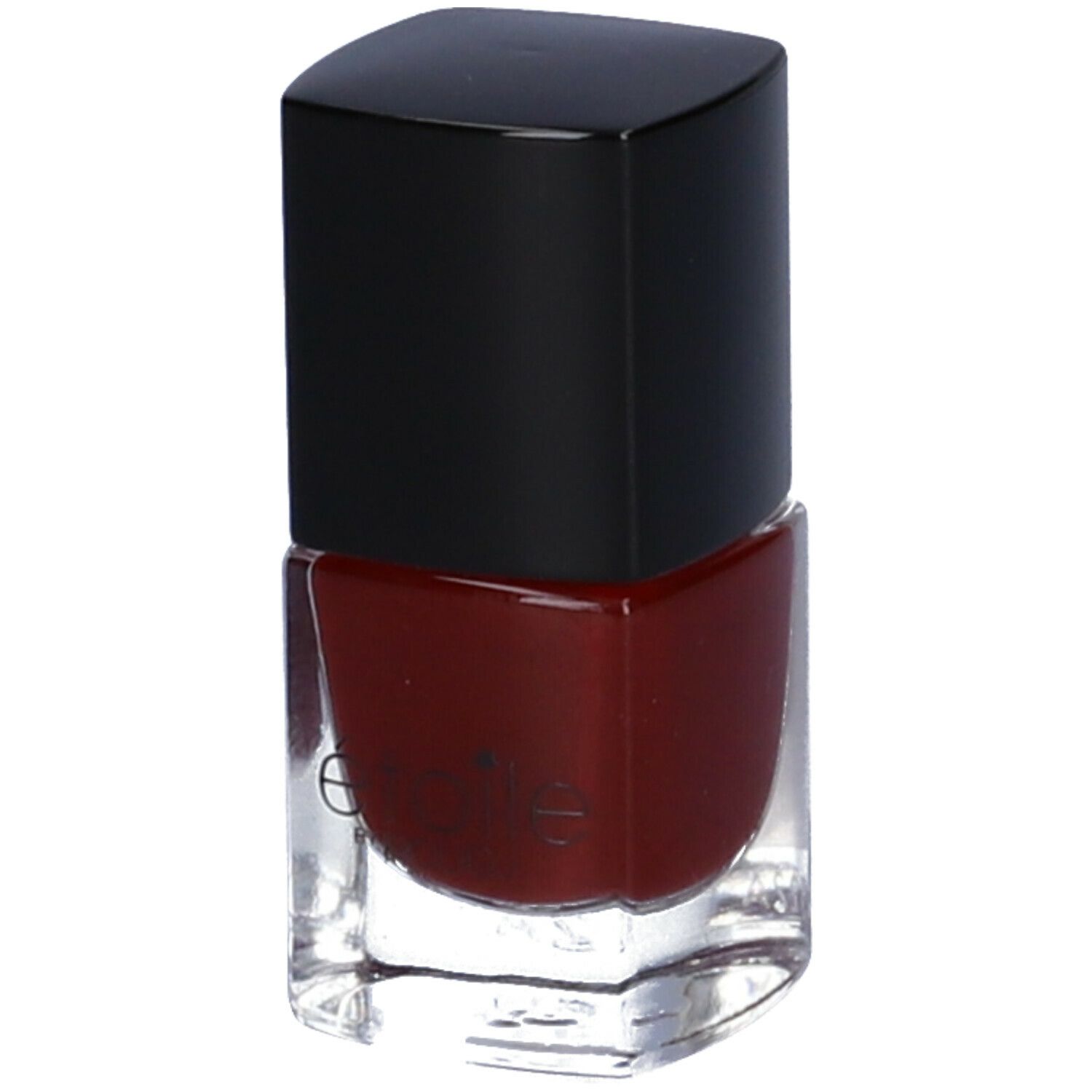 Flacone di smalto rosso scuro con tappo nero. Forma quadrata. Flacone in vetro trasparente.