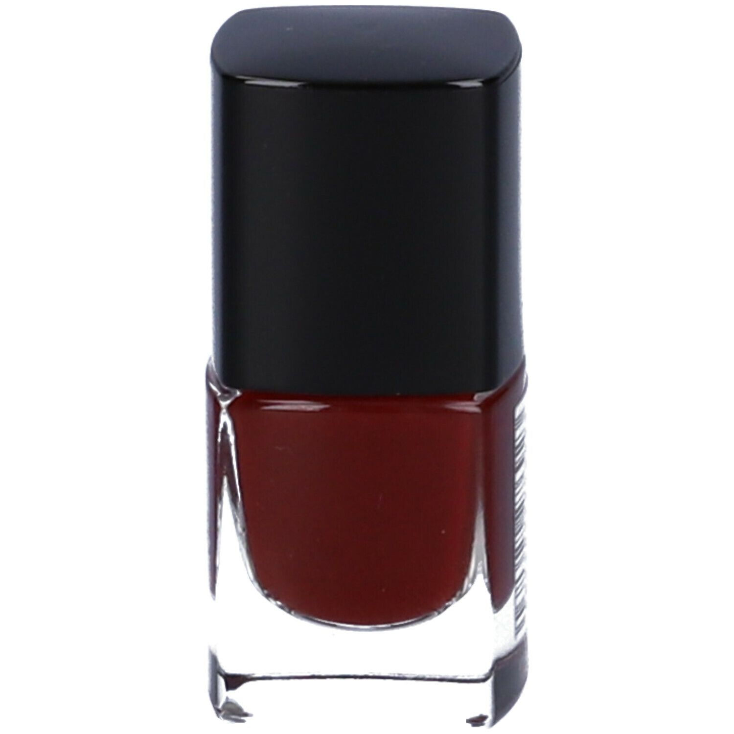 Flacone di smalto rosso scuro con tappo nero. Forma quadrata. Flacone in vetro trasparente.
