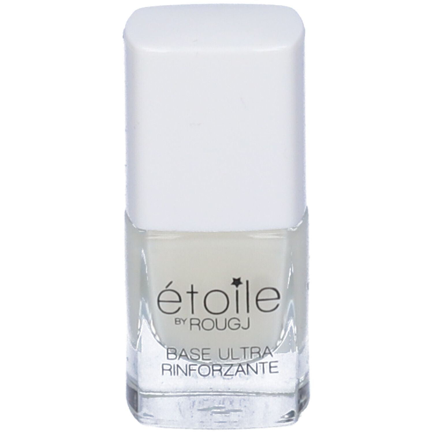 Flacone di smalto trasparente con tappo bianco. Scritta: étoile by ROUGJ, BASE ULTRA RINFORZANTE.