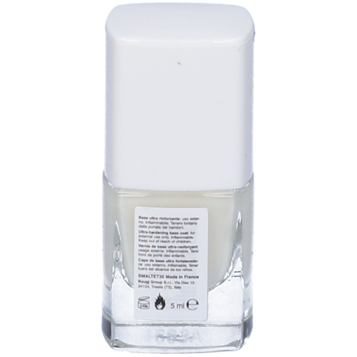 Retro del flacone di smalto. Testo: BASE ULTRA RINFORZANTE. Avvertenze. Volume: 5 ml.