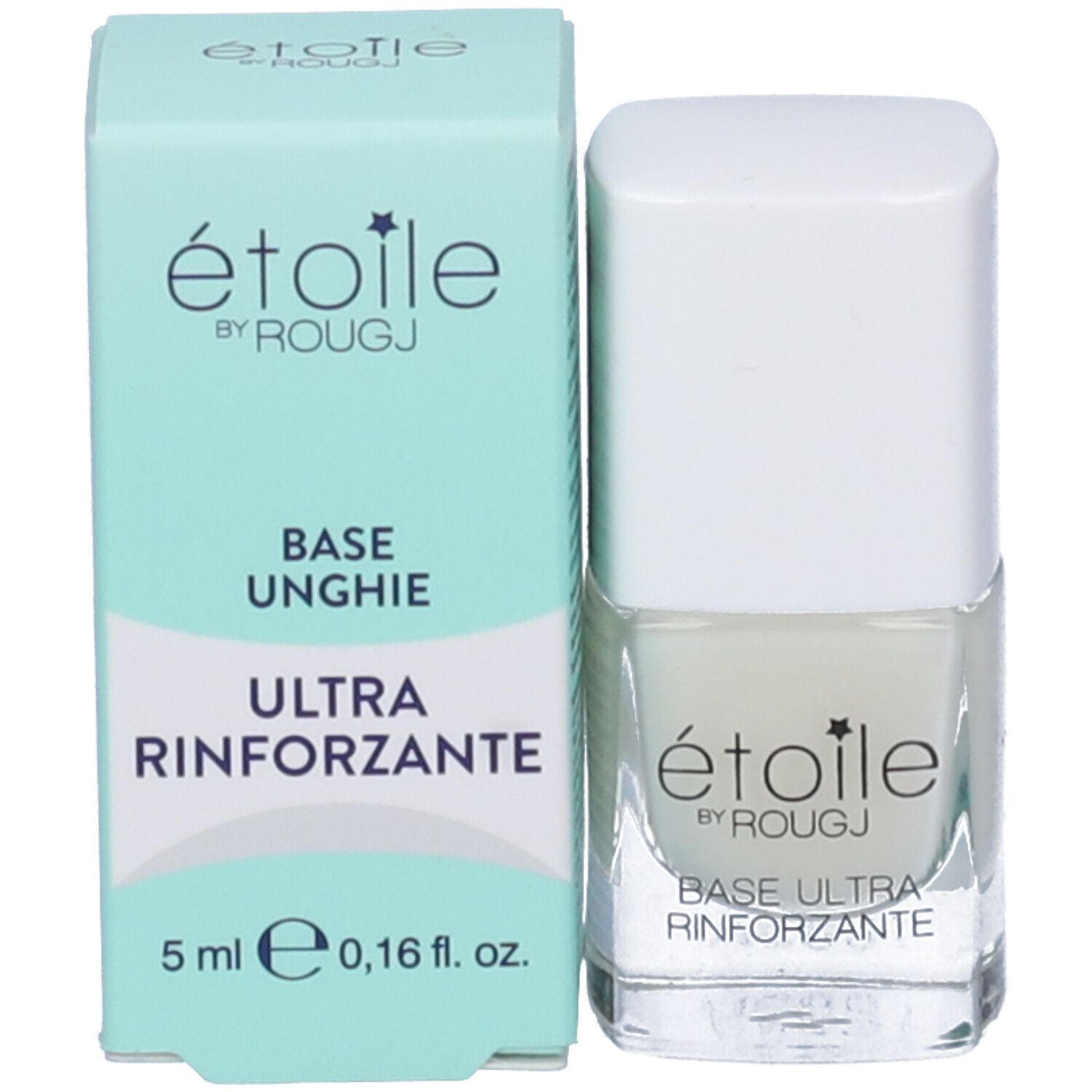 Flacone di smalto e scatola. Scatola: étoile by ROUGJ, BASE UNGHIE ULTRA RINFORZANTE. Volume: 5 ml.