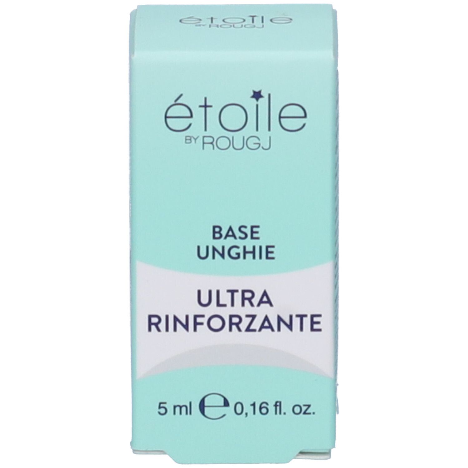 Scatola turchese. Scritta: étoile by ROUGJ, BASE UNGHIE ULTRA RINFORZANTE. Volume: 5 ml.