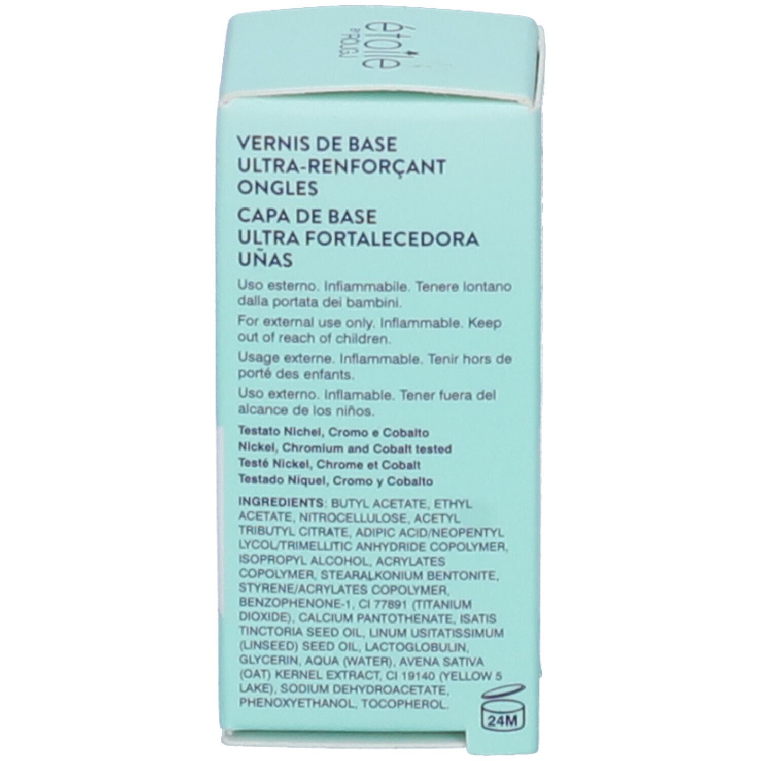 Retro della scatola turchese. Testo: VERNIS DE BASE ULTRA-RENFORÇANT, ingredienti, avvertenze.