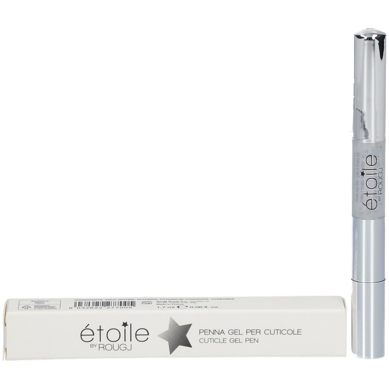 Nagelhautstift und Verpackung. Verpackung mit Aufschrift: étoile by Rougj, Penna Gel per Cuticole.