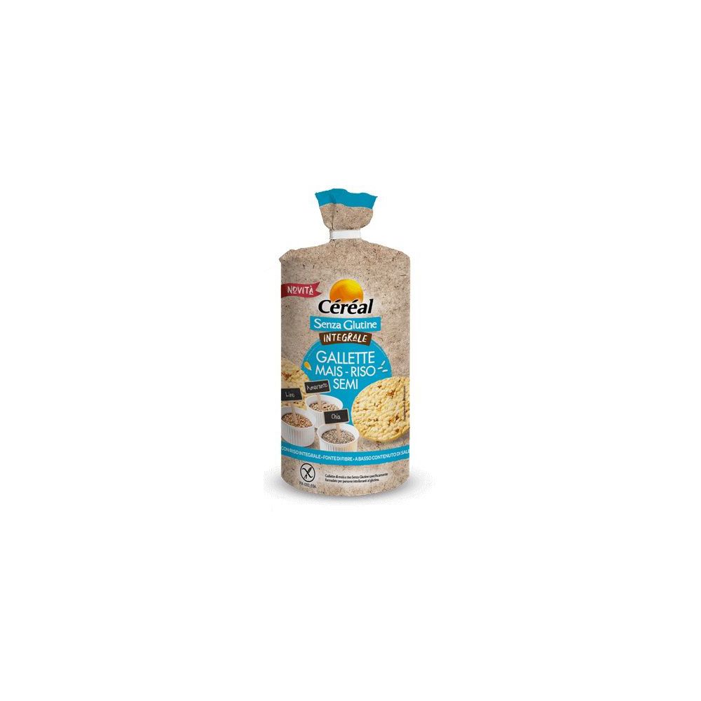 Confezione di gallette mais, riso e semi senza glutine. Confezione blu e beige con nome e logo del prodotto.