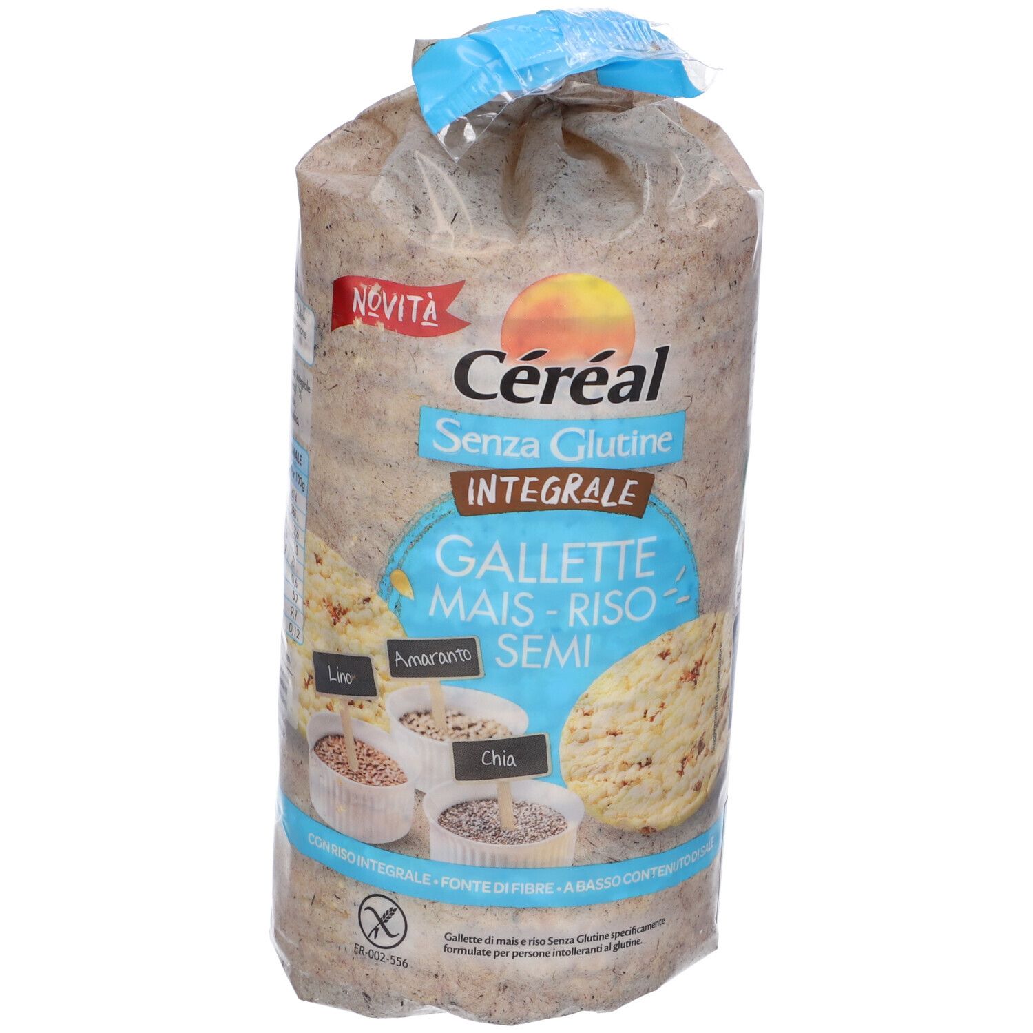 Confezione di gallette mais, riso e semi senza glutine. Nome e ingredienti del prodotto visibili.