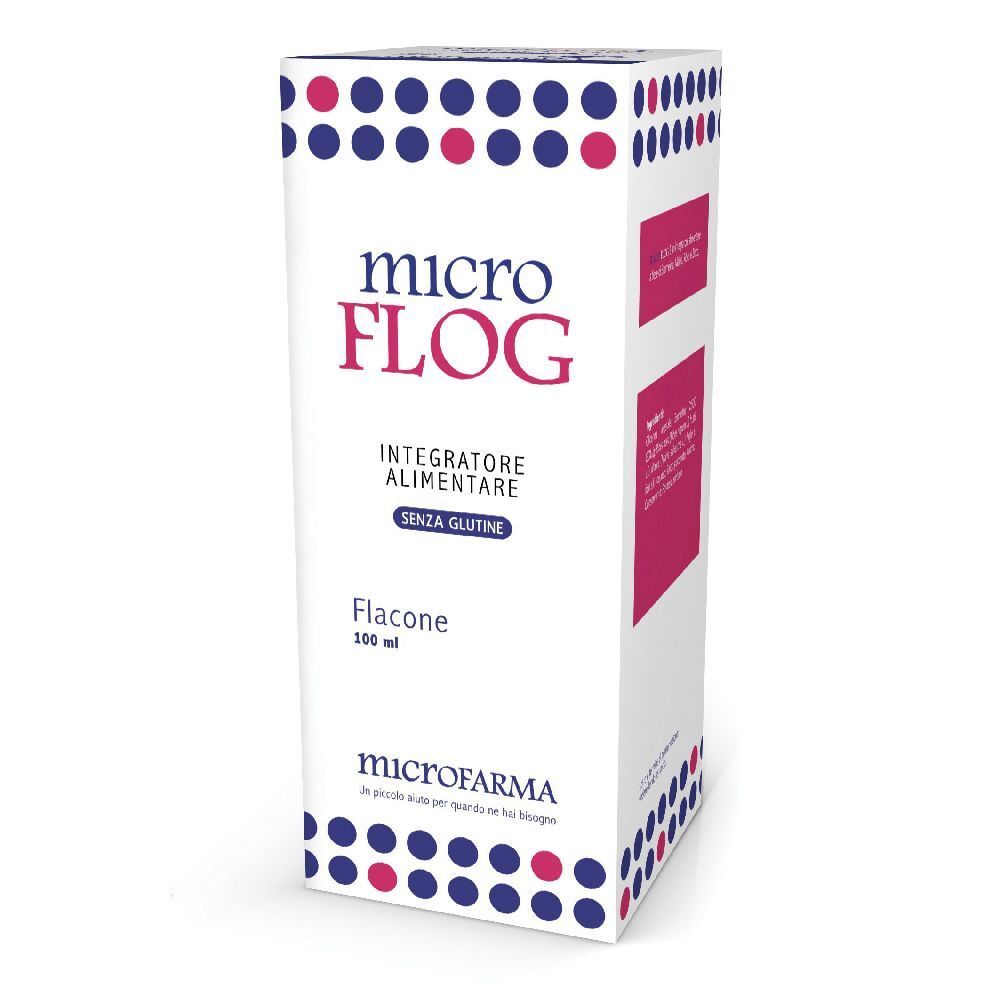 Scatola bianca con punti blu e rosa. Scritto: microFLOG, Integratore Alimentare, senza glutine. Flacone.