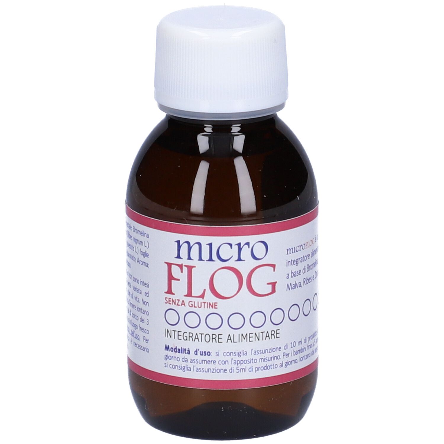 Flacone di vetro marrone con tappo bianco. Scritto: microFLOG, Integratore Alimentare, senza glutine. Testo sull'etichetta.