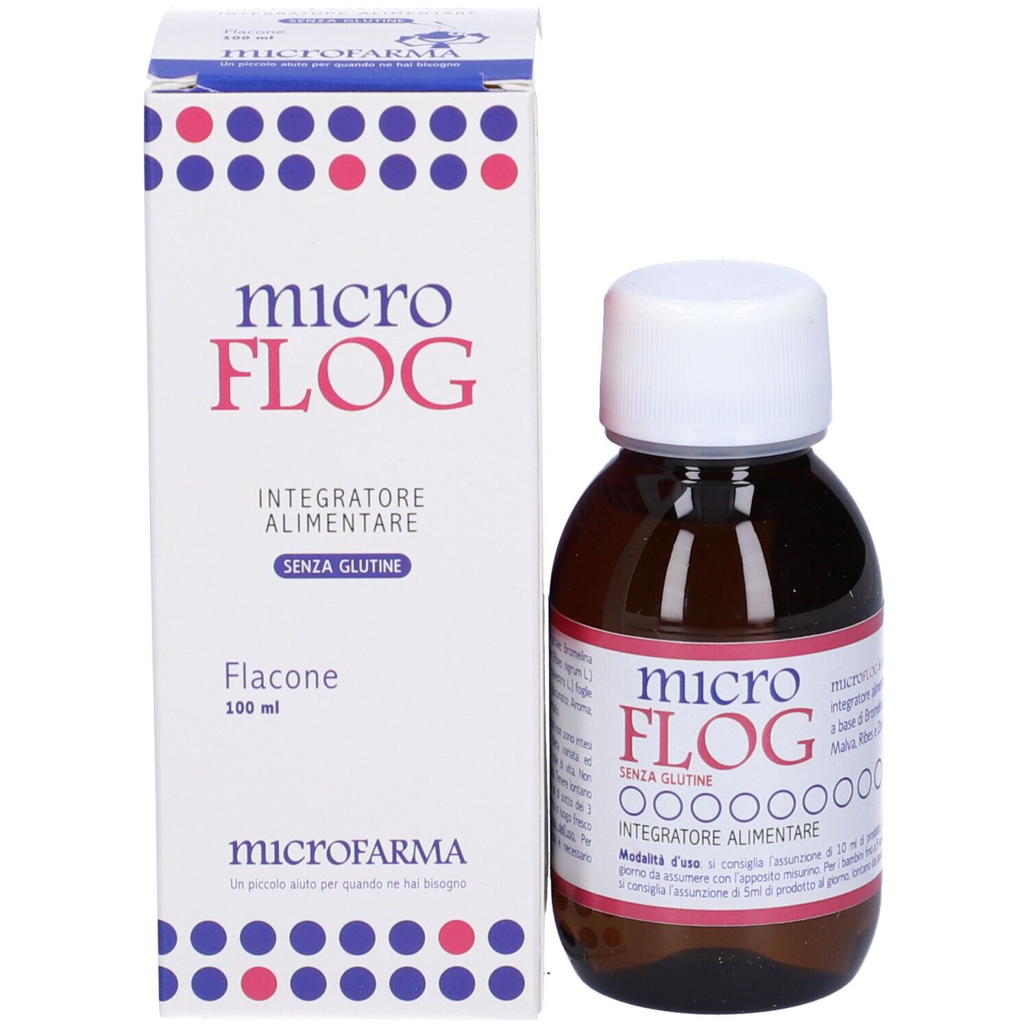 Flacone di vetro marrone e scatola. Scritto: microFLOG, Integratore Alimentare, senza glutine. Flacone 100 ml.