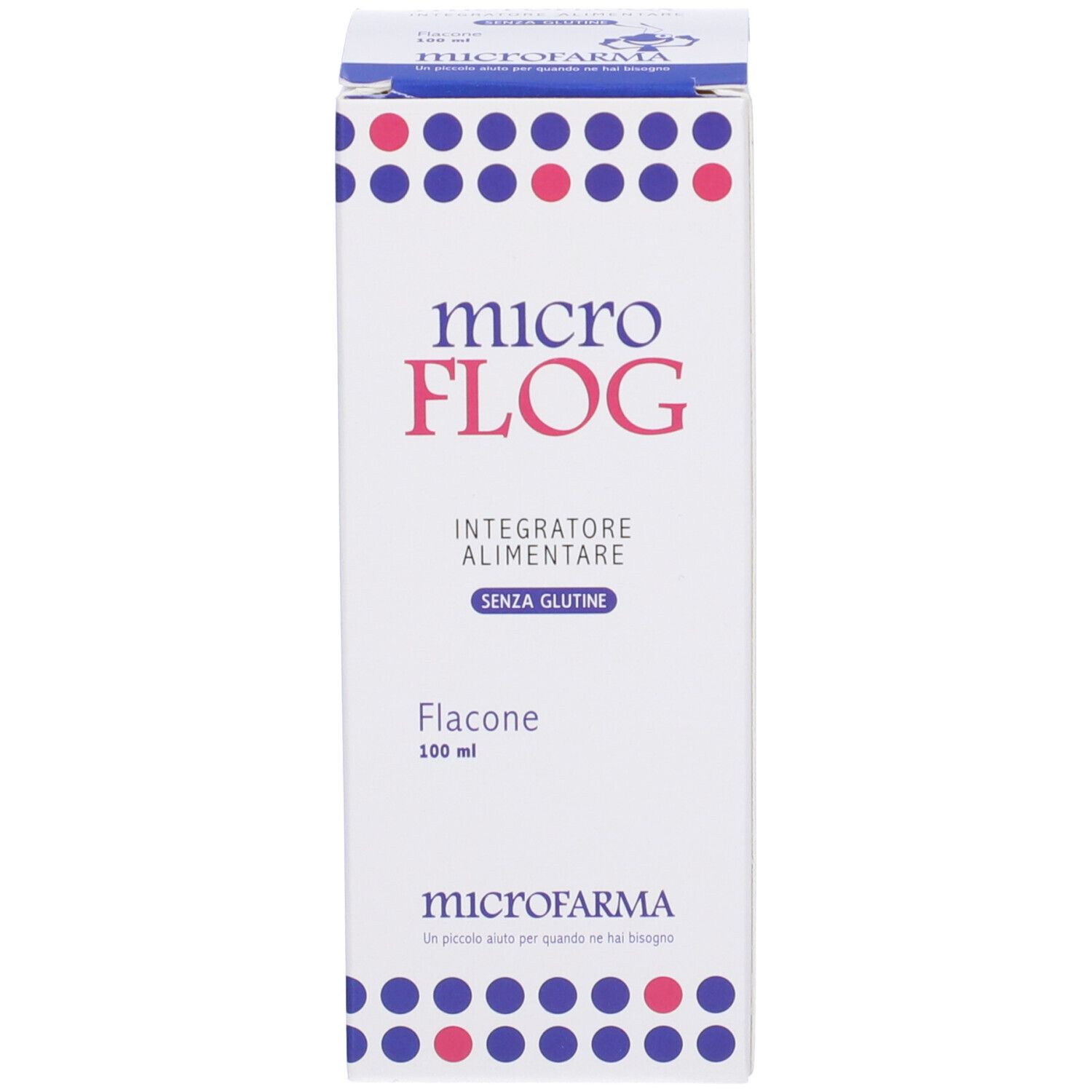 Scatola bianca con punti blu e rosa. Scritto: microFLOG, Integratore Alimentare, senza glutine. Flacone.