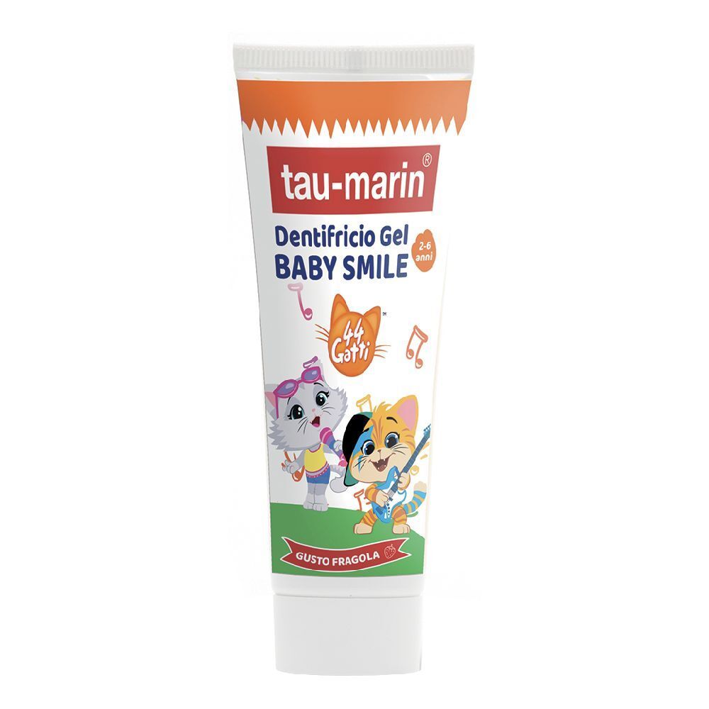 Tubo dentifricio Tau-Marin, Dentifricio Gel BABY SMILE, 2-6 anni. Illustrazioni di gatti. Gusto fragola. Tubo bianco, tappo bianco.