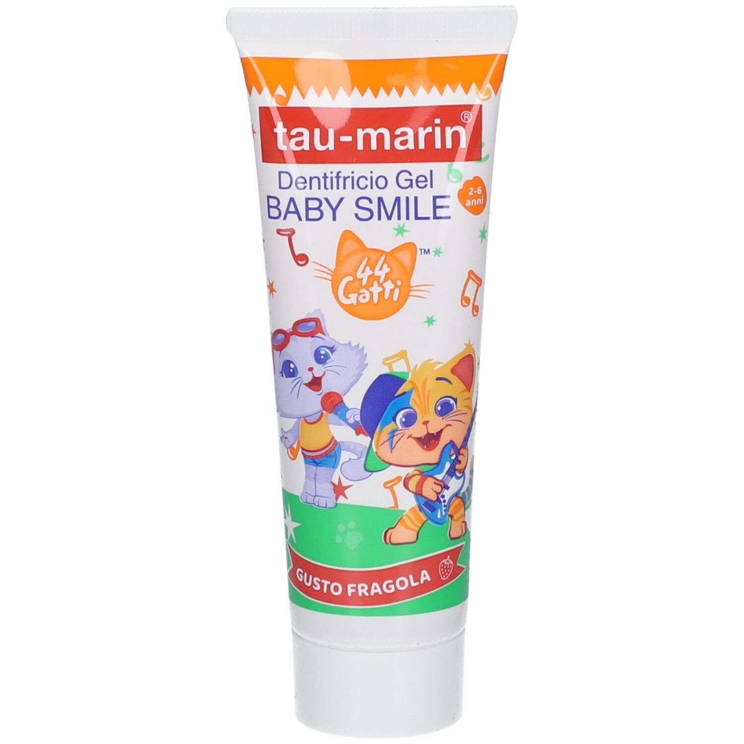 Tubo dentifricio Tau-Marin, Dentifricio Gel BABY SMILE, 2-6 anni. Illustrazioni di gatti. Sfondo bianco, banda arancione.