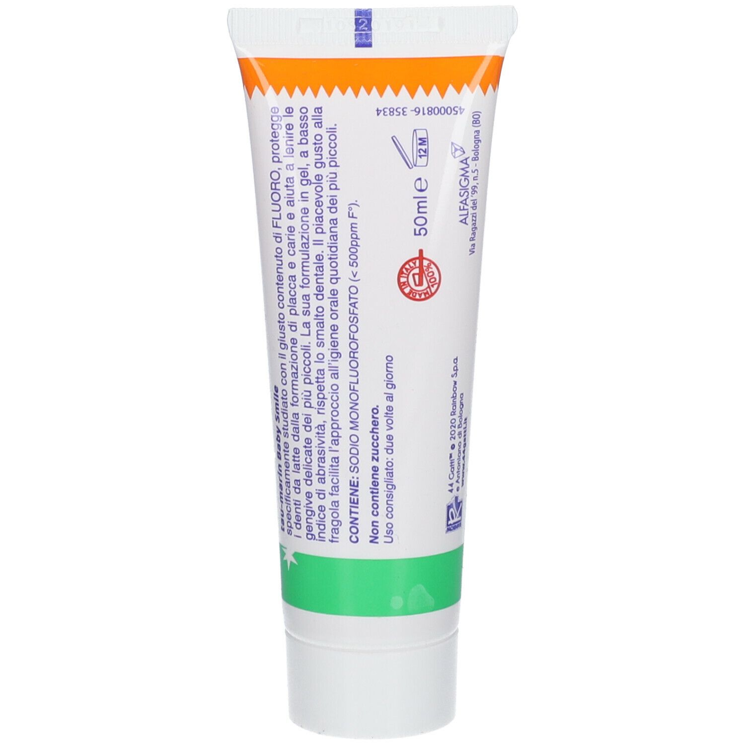 Retro del tubo dentifricio Tau-Marin, Dentifricio Gel BABY SMILE. Contiene 50ml. Ingredienti e avvertenze.