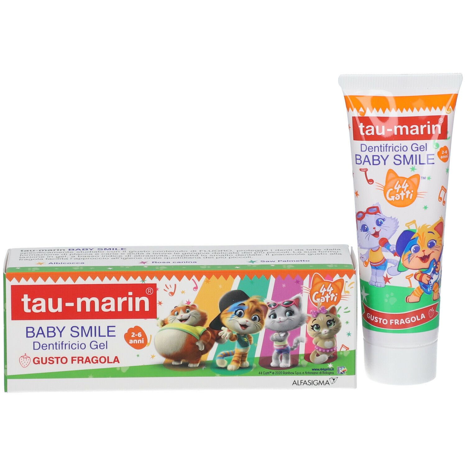 Tubo e confezione dentifricio Tau-Marin, Dentifricio Gel BABY SMILE, 2-6 anni. Illustrazioni di gatti. Gusto fragola.