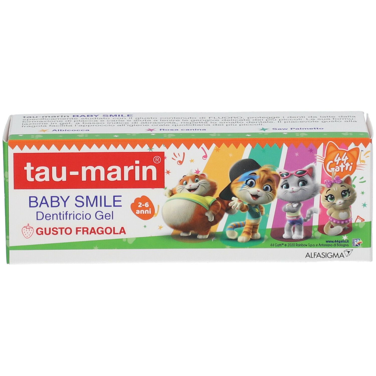 Confezione dentifricio Tau-Marin, Dentifricio Gel BABY SMILE, 2-6 anni. Illustrazioni di gatti. Gusto fragola.